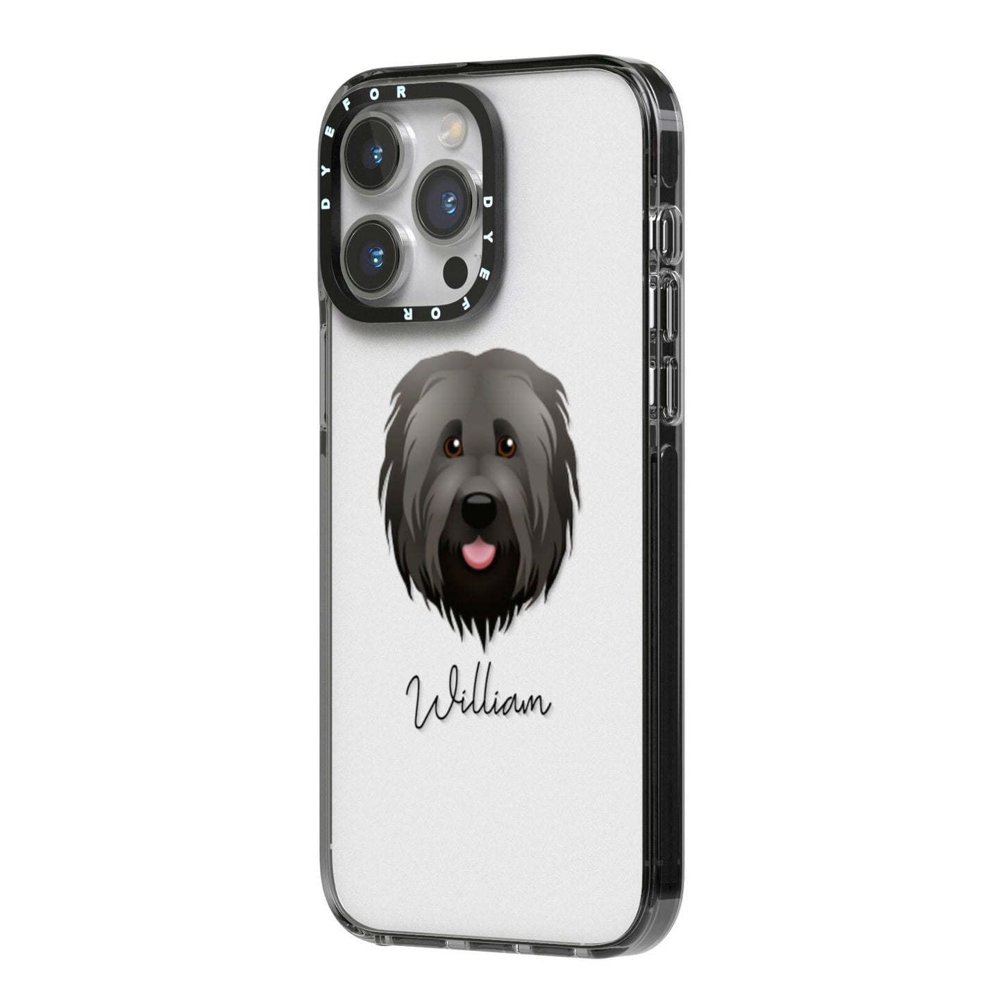 Briard Personalised iPhone 14 Pro Max Black Impact Case Side Angle on Silver phone