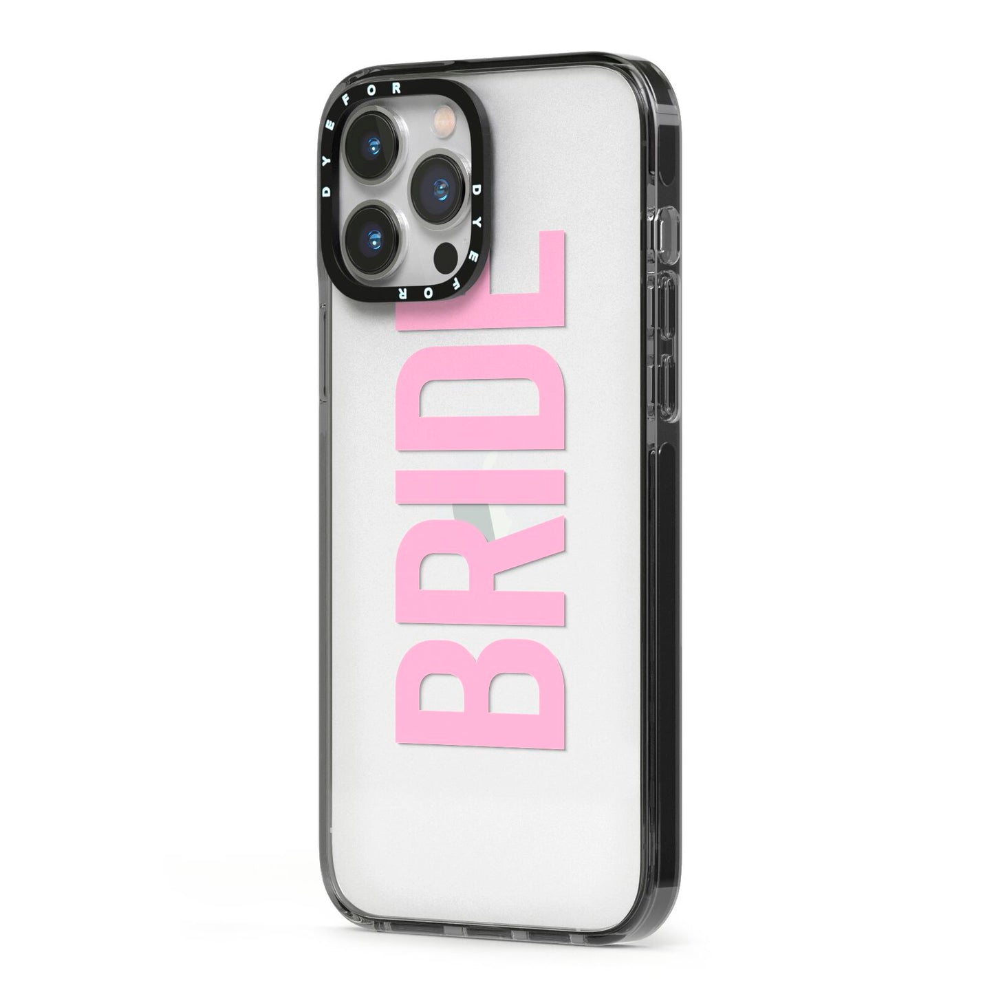Bride Pink iPhone 13 Pro Max Black Impact Case Side Angle on Silver phone