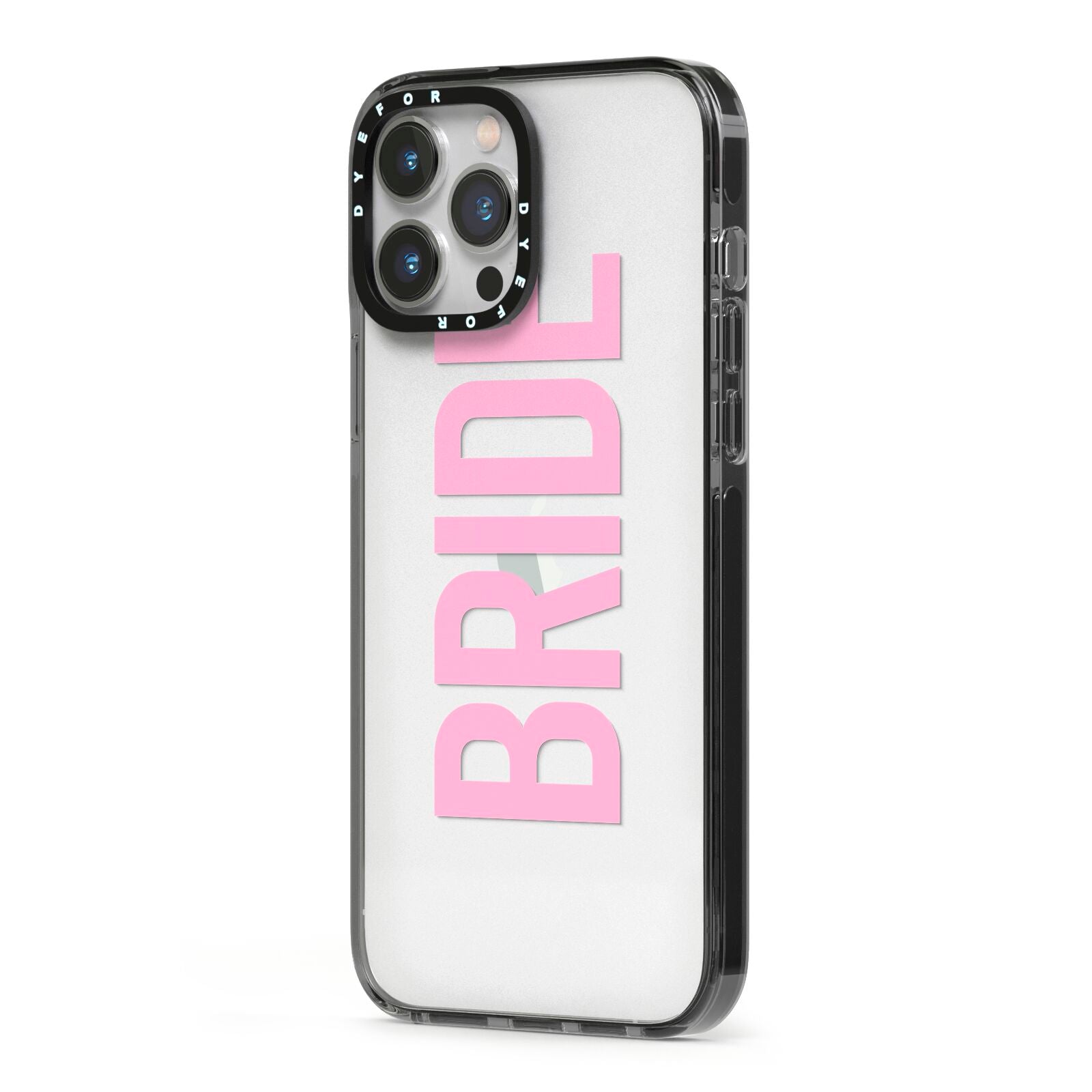 Bride Pink iPhone 13 Pro Max Black Impact Case Side Angle on Silver phone