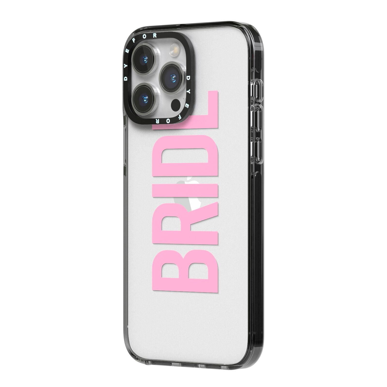 Bride Pink iPhone 14 Pro Max Black Impact Case Side Angle on Silver phone
