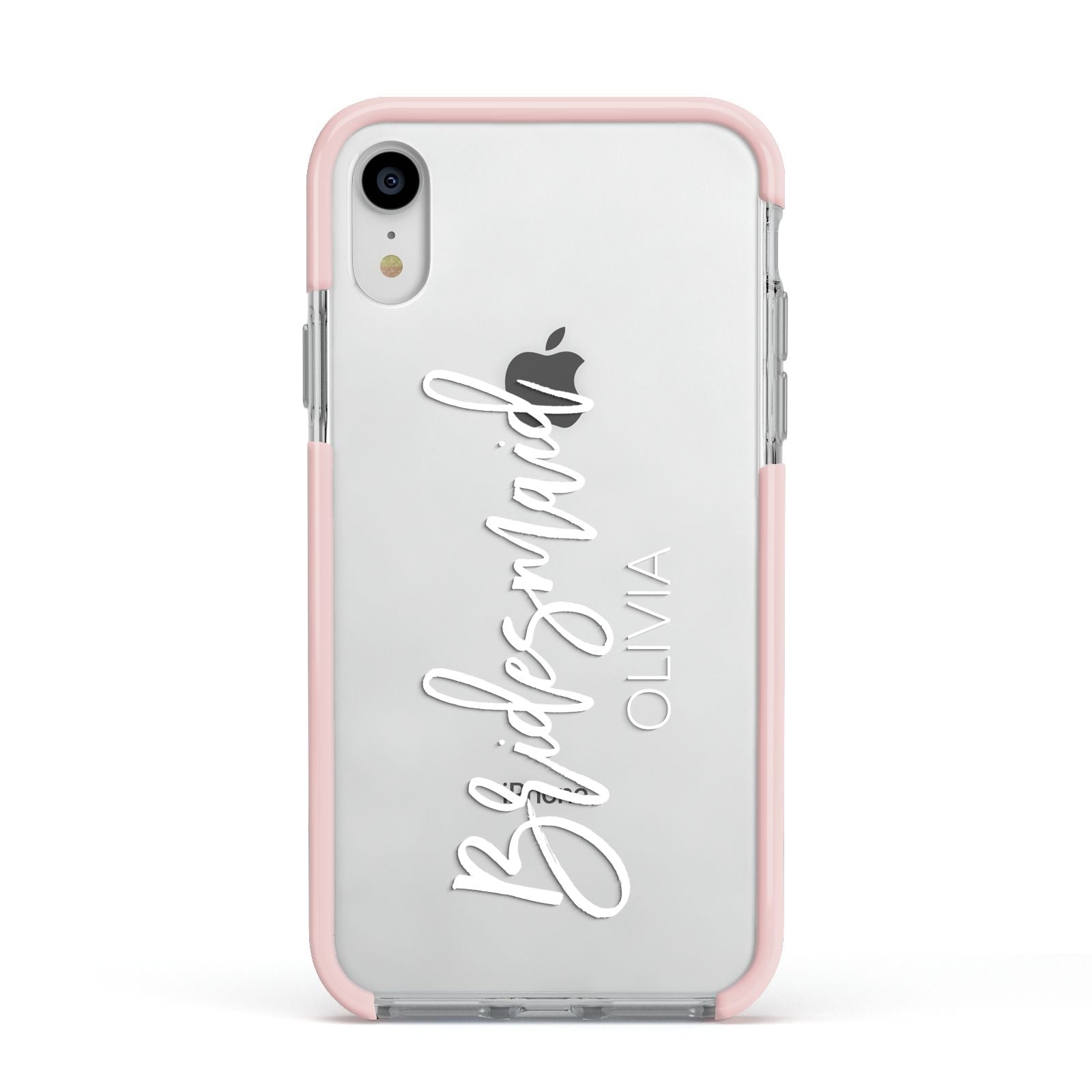 Bridesmaid Personalised Apple iPhone XR Impact Case Pink Edge on Silver Phone