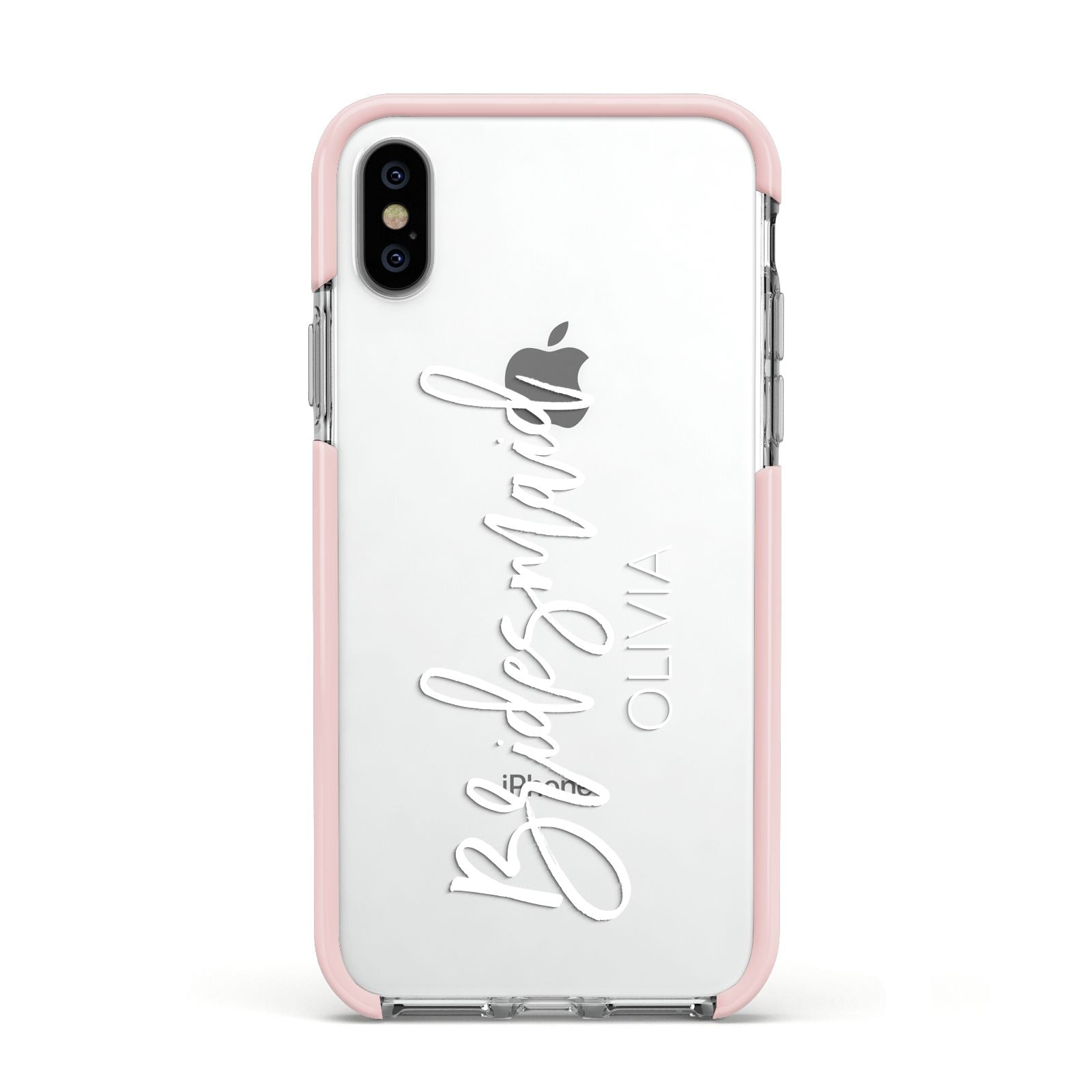 Bridesmaid Personalised Apple iPhone Xs Impact Case Pink Edge on Silver Phone