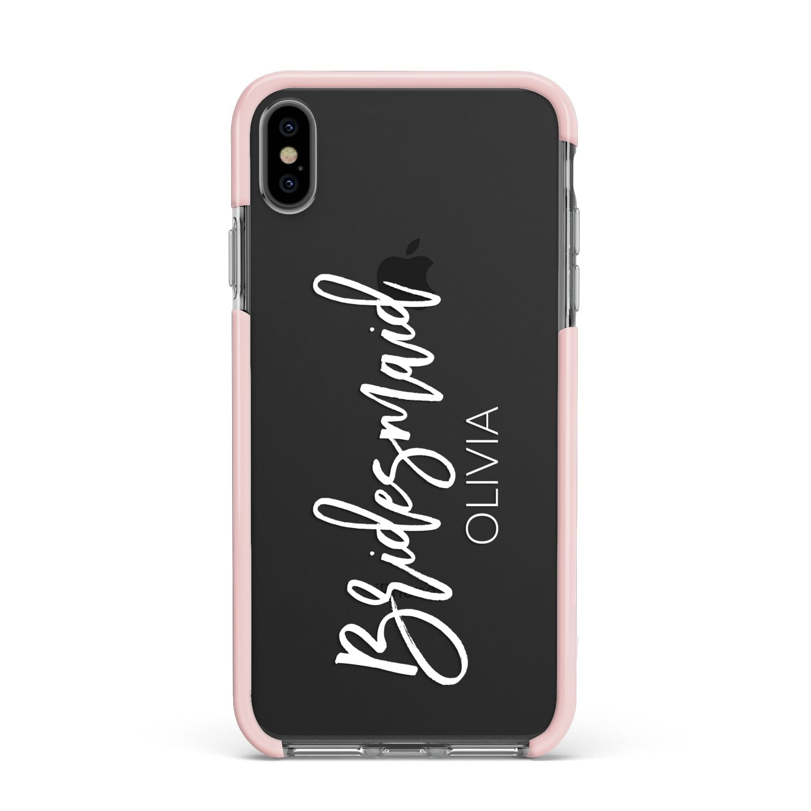 Bridesmaid Personalised Apple iPhone Xs Max Impact Case Pink Edge on Black Phone