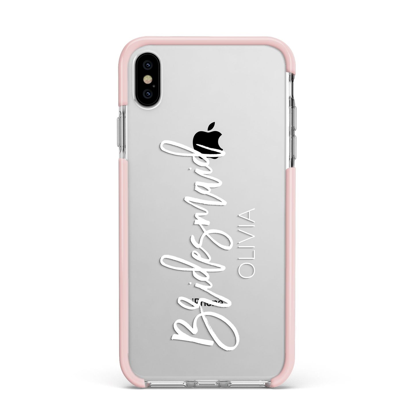 Bridesmaid Personalised Apple iPhone Xs Max Impact Case Pink Edge on Silver Phone