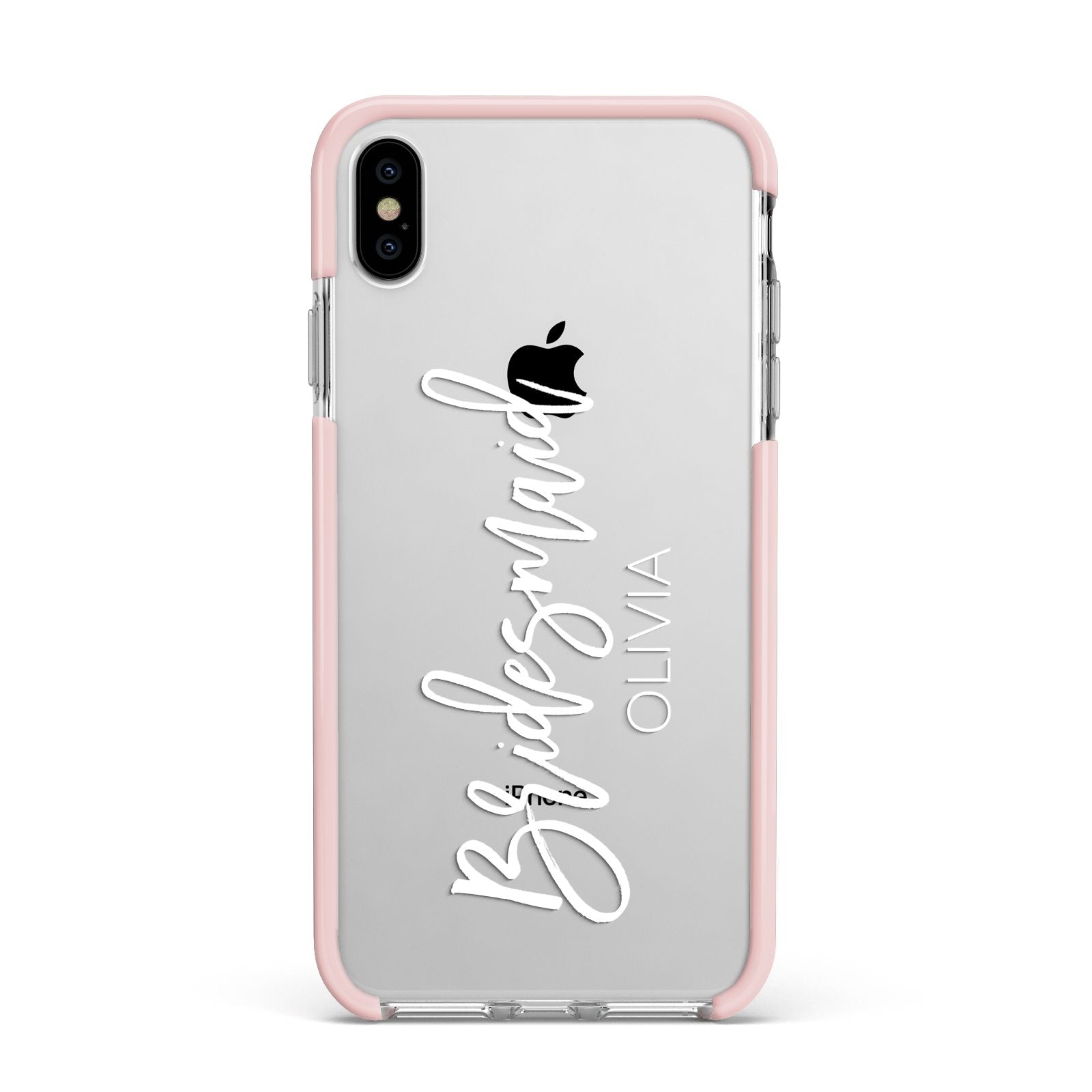 Bridesmaid Personalised Apple iPhone Xs Max Impact Case Pink Edge on Silver Phone