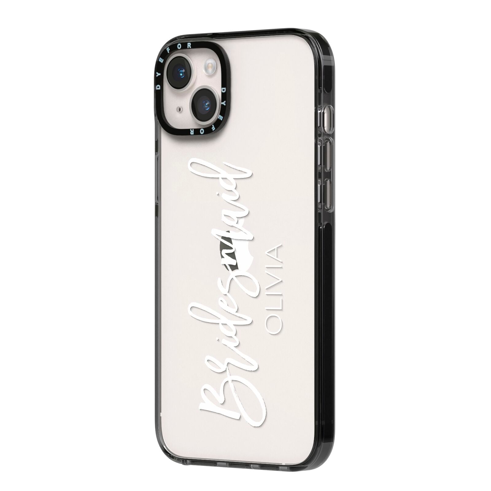 Bridesmaid Personalised iPhone 14 Plus Black Impact Case Side Angle on Silver phone