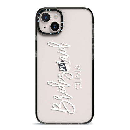 Bridesmaid Personalised iPhone 14 Plus Black Impact Case on Silver phone