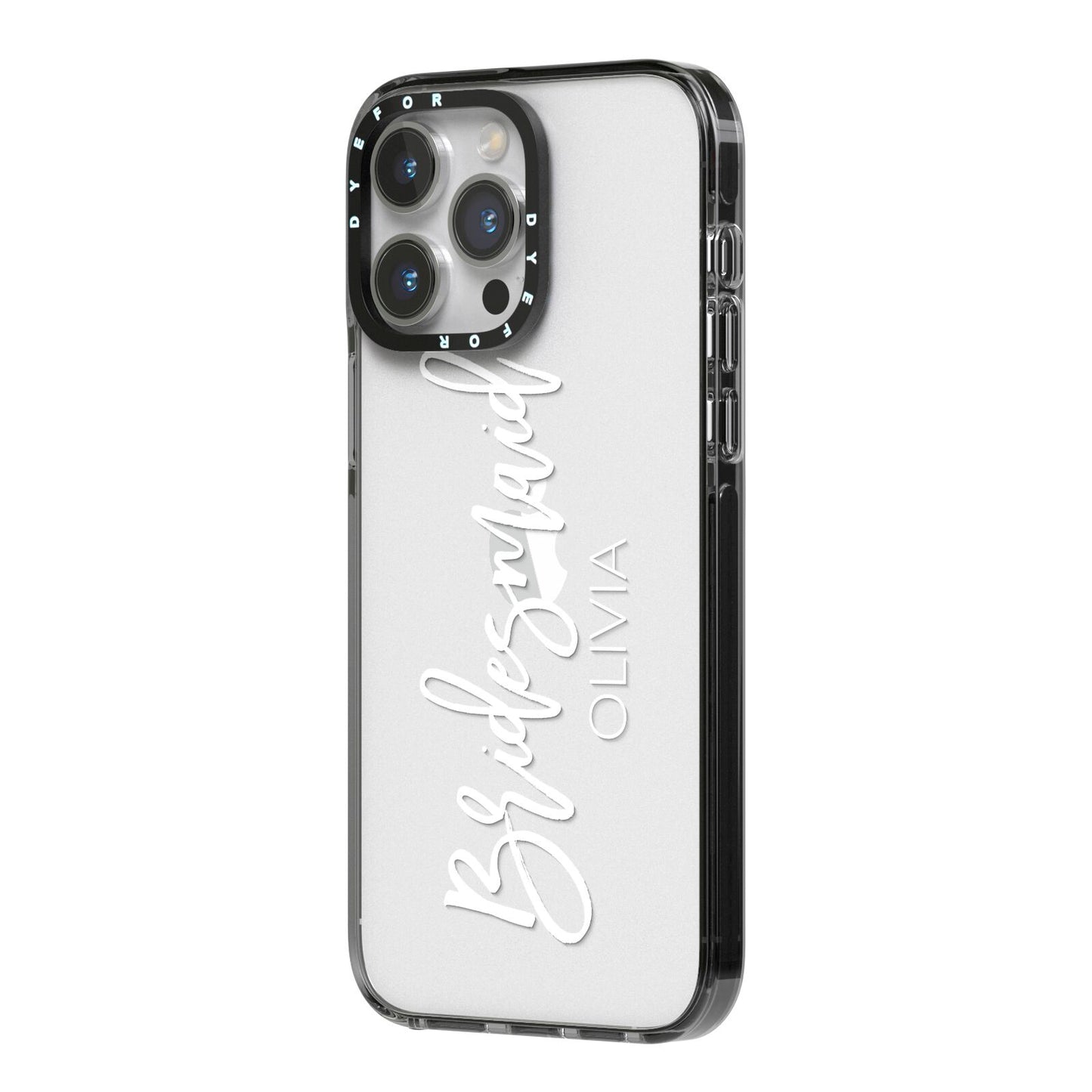 Bridesmaid Personalised iPhone 14 Pro Max Black Impact Case Side Angle on Silver phone