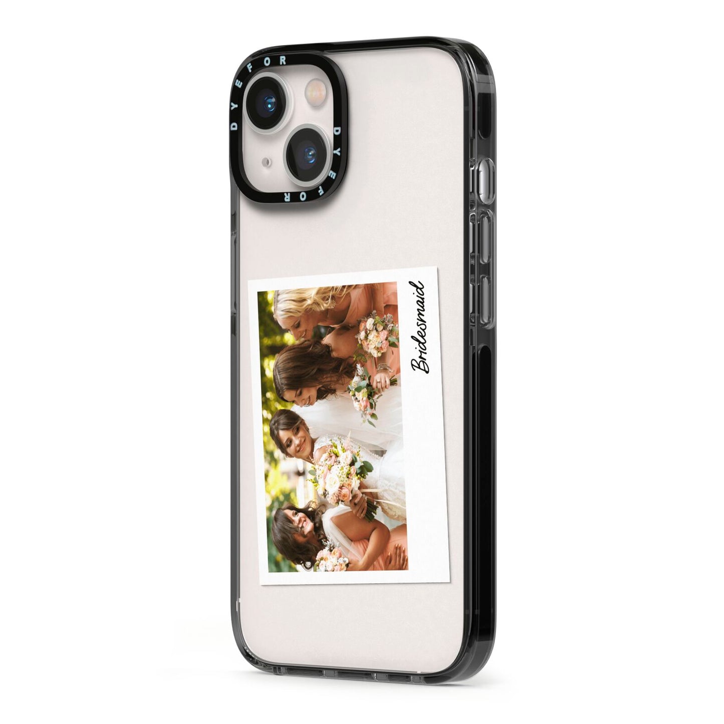 Bridesmaid Photo iPhone 13 Black Impact Case Side Angle on Silver phone