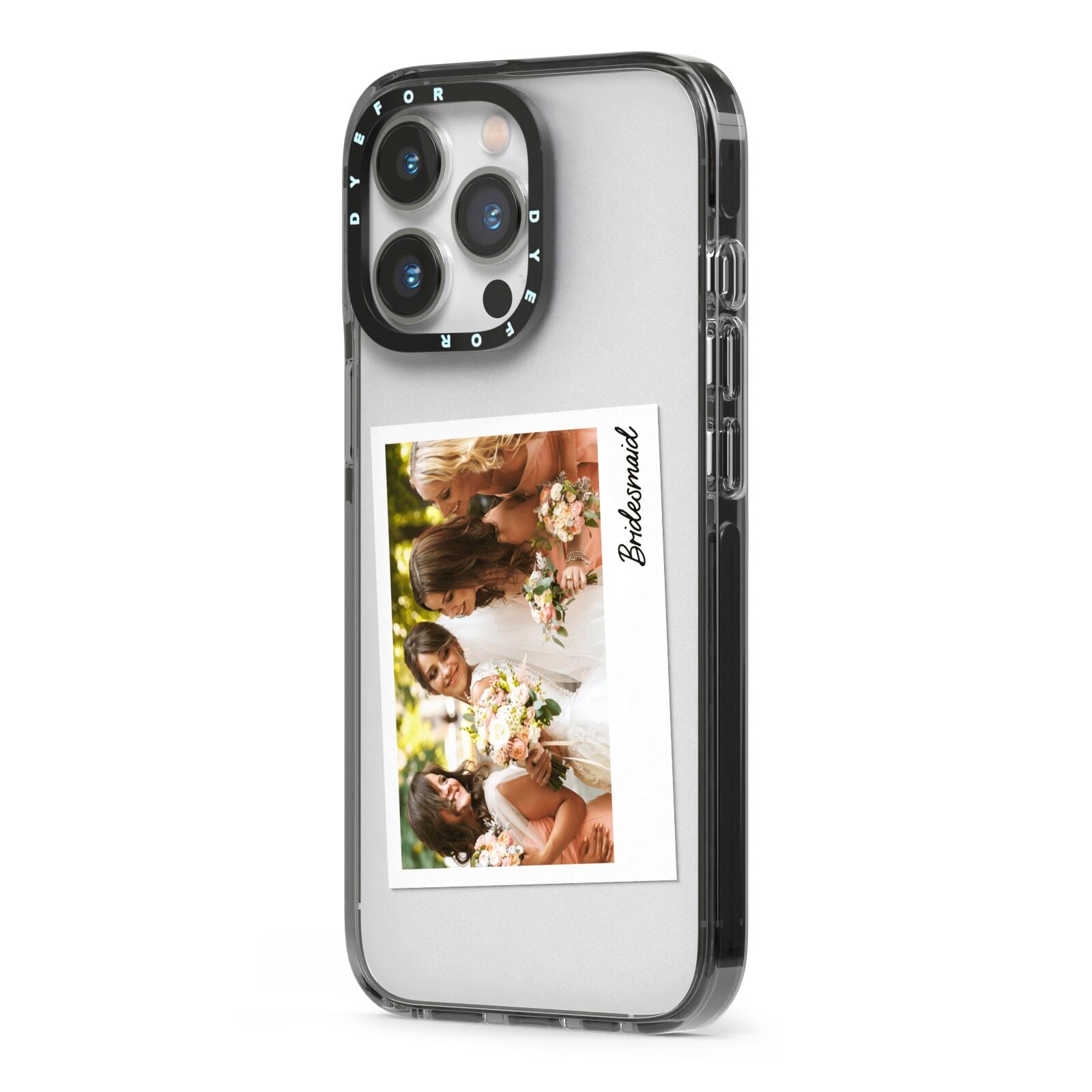 Bridesmaid Photo iPhone 13 Pro Black Impact Case Side Angle on Silver phone