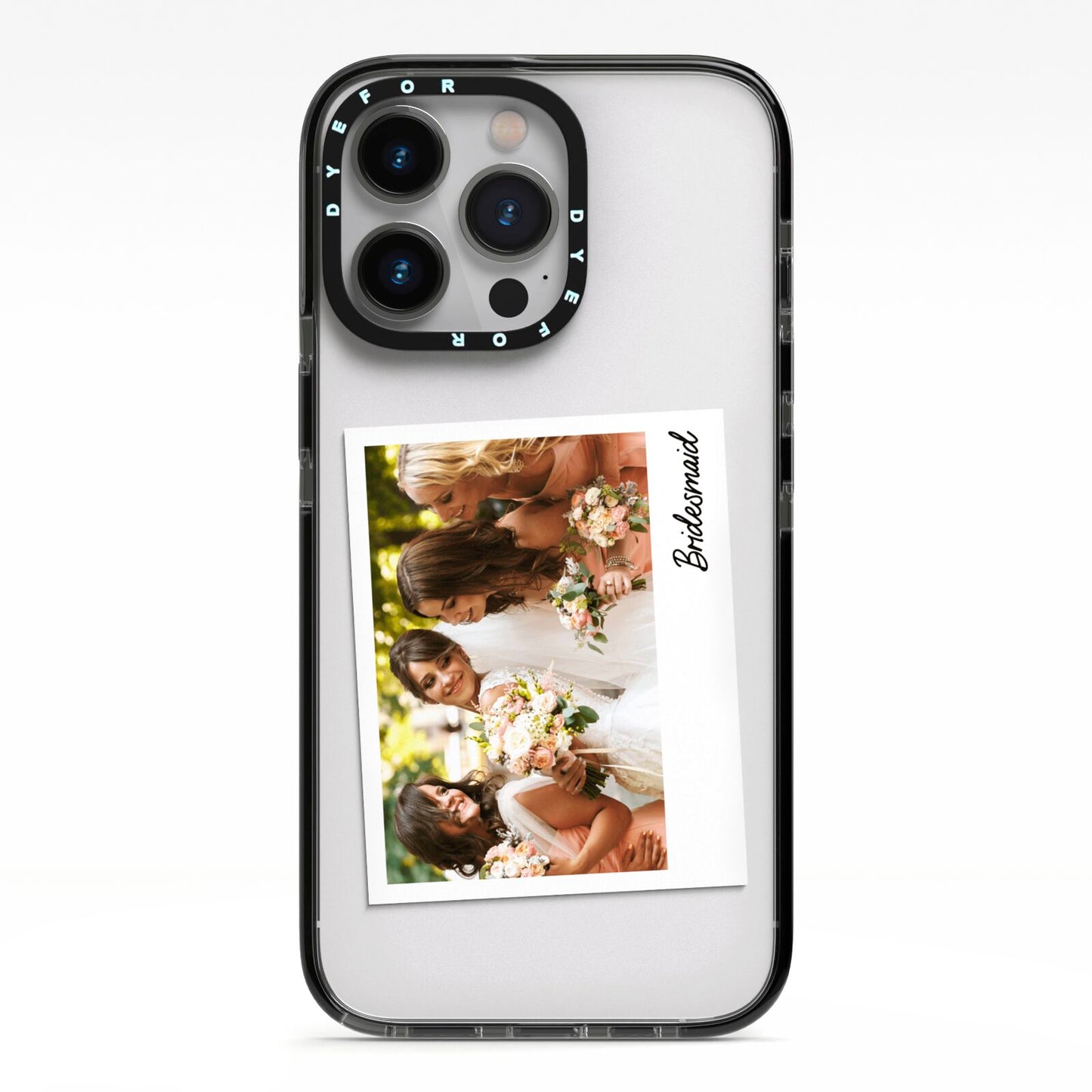 Bridesmaid Photo iPhone 13 Pro Black Impact Case on Silver phone