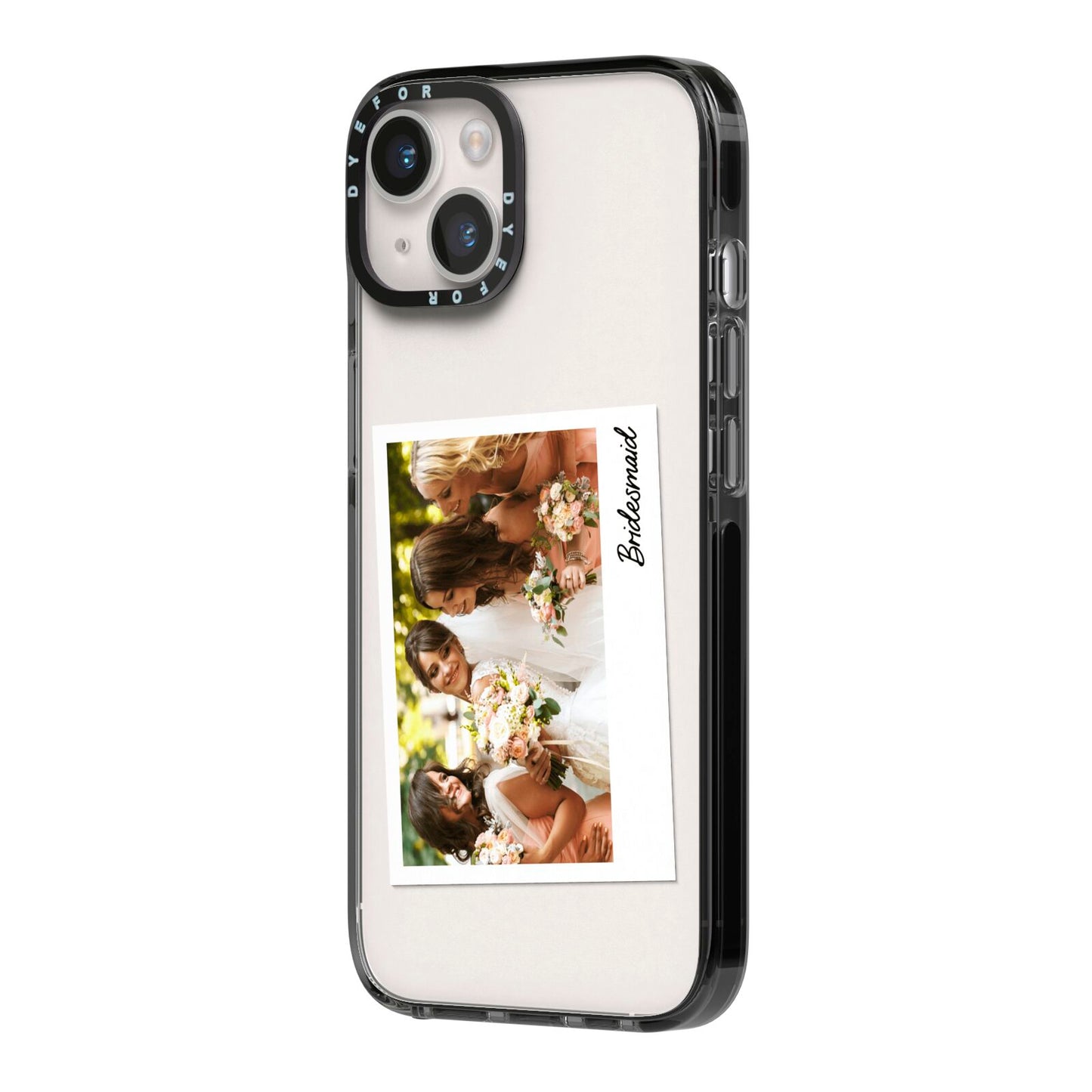 Bridesmaid Photo iPhone 14 Black Impact Case Side Angle on Silver phone