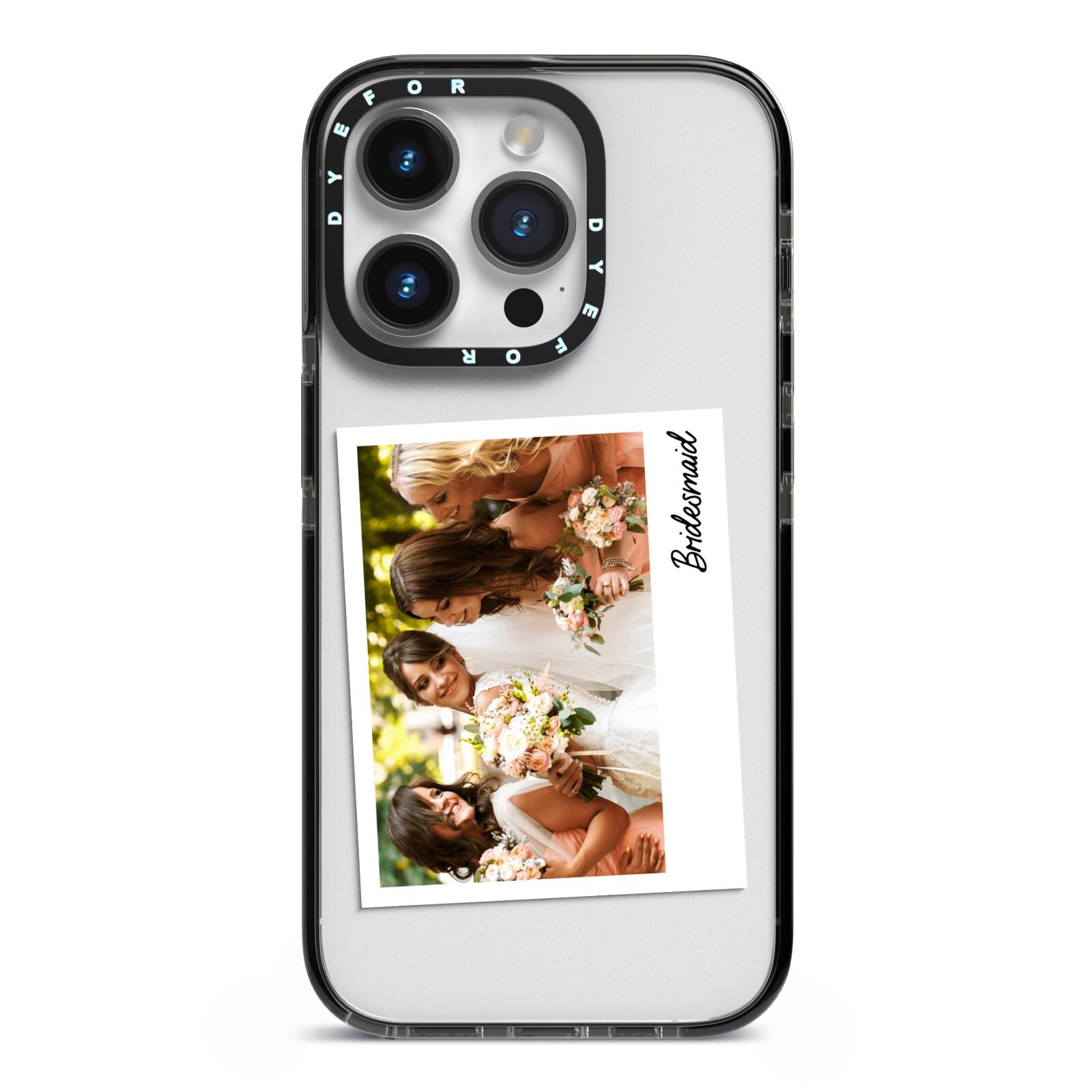 Bridesmaid Photo iPhone 14 Pro Black Impact Case on Silver phone