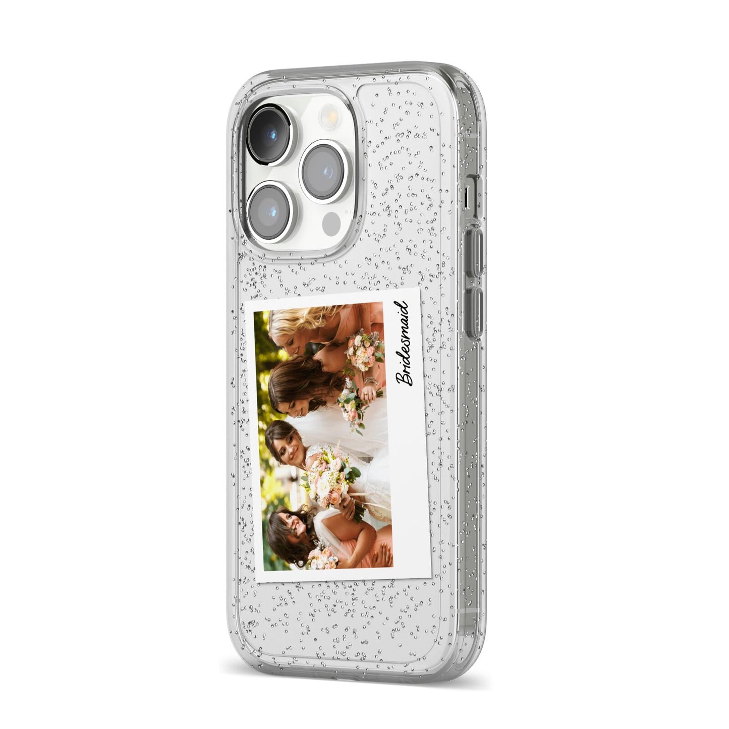 Bridesmaid Photo iPhone 14 Pro Glitter Tough Case Silver Angled Image