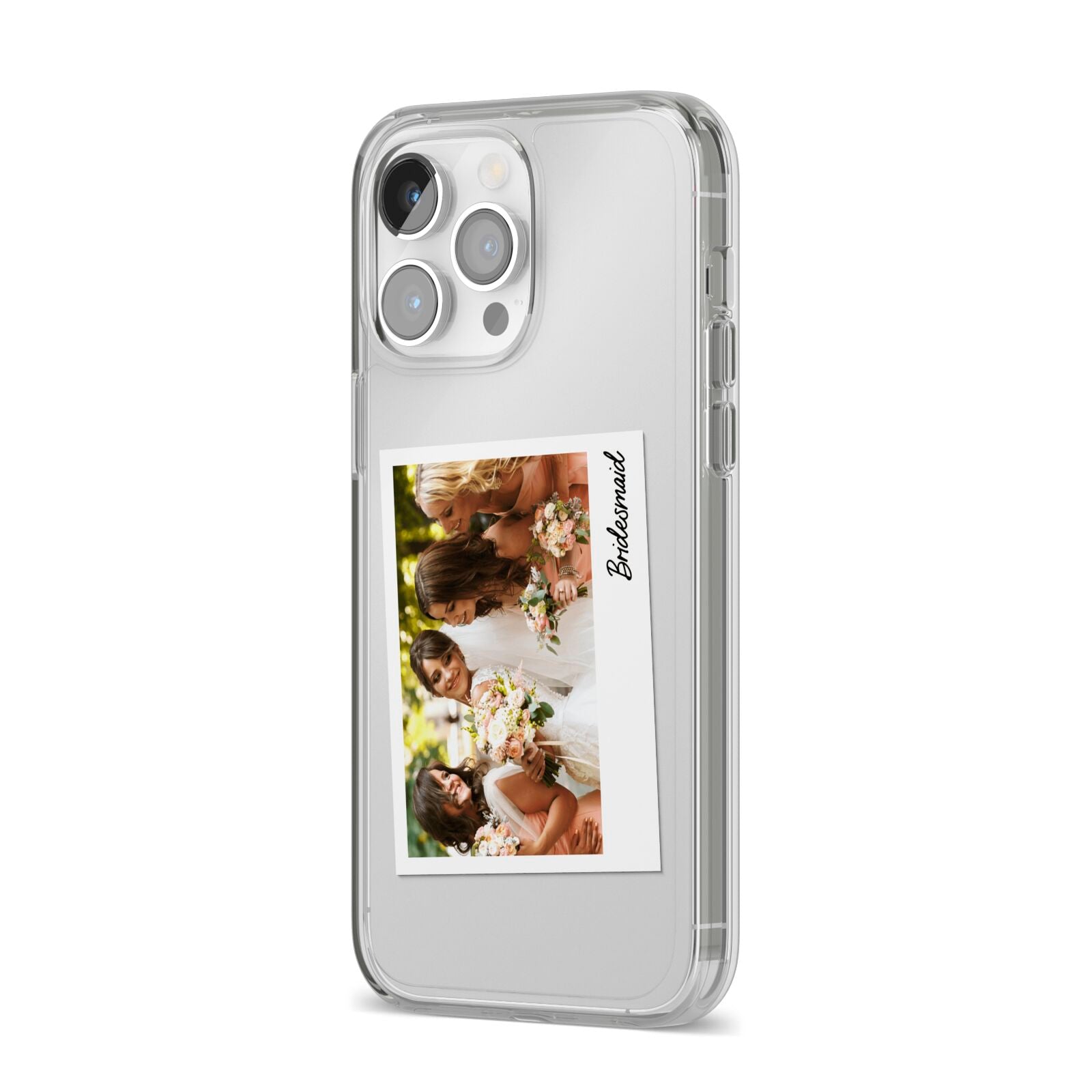 Bridesmaid Photo iPhone 14 Pro Max Clear Tough Case Silver Angled Image
