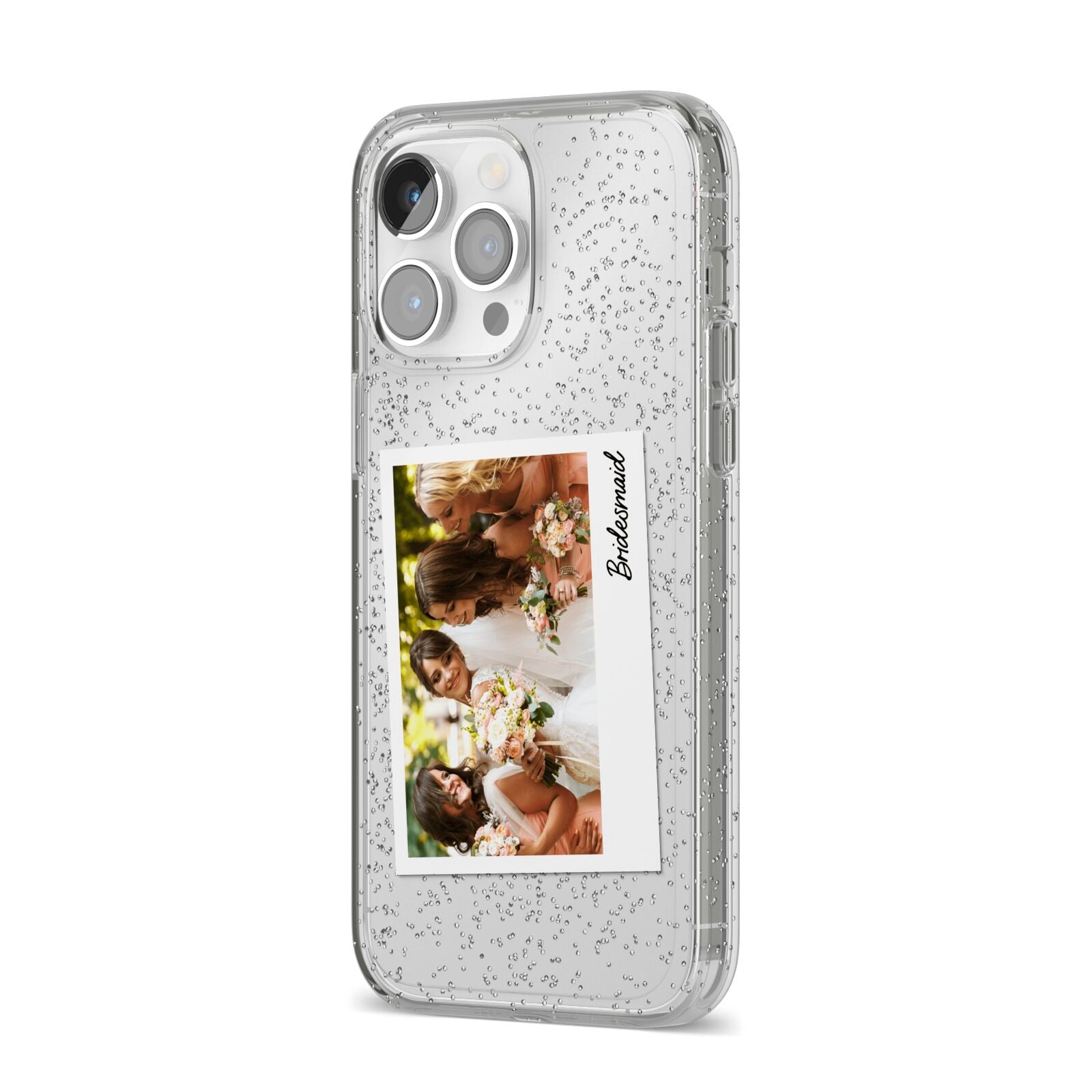 Bridesmaid Photo iPhone 14 Pro Max Glitter Tough Case Silver Angled Image
