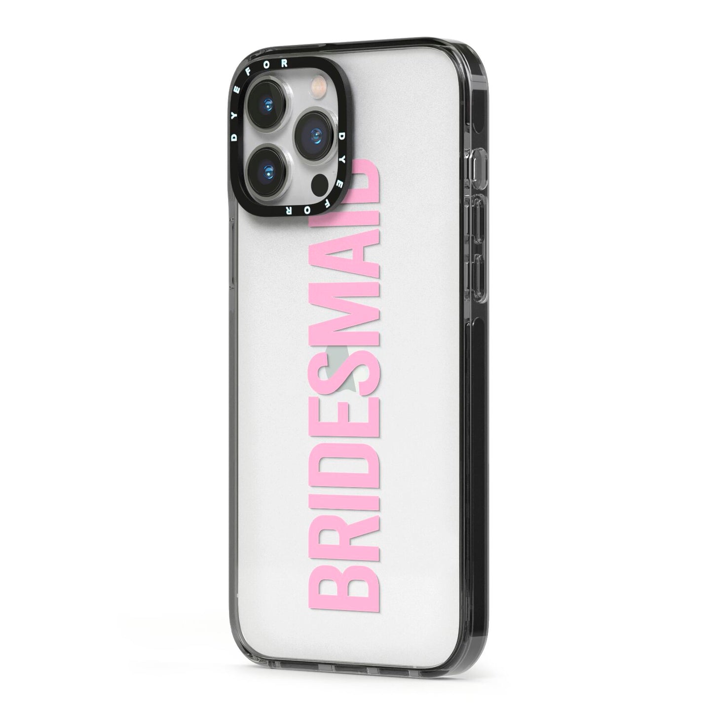 Bridesmaid iPhone 13 Pro Max Black Impact Case Side Angle on Silver phone