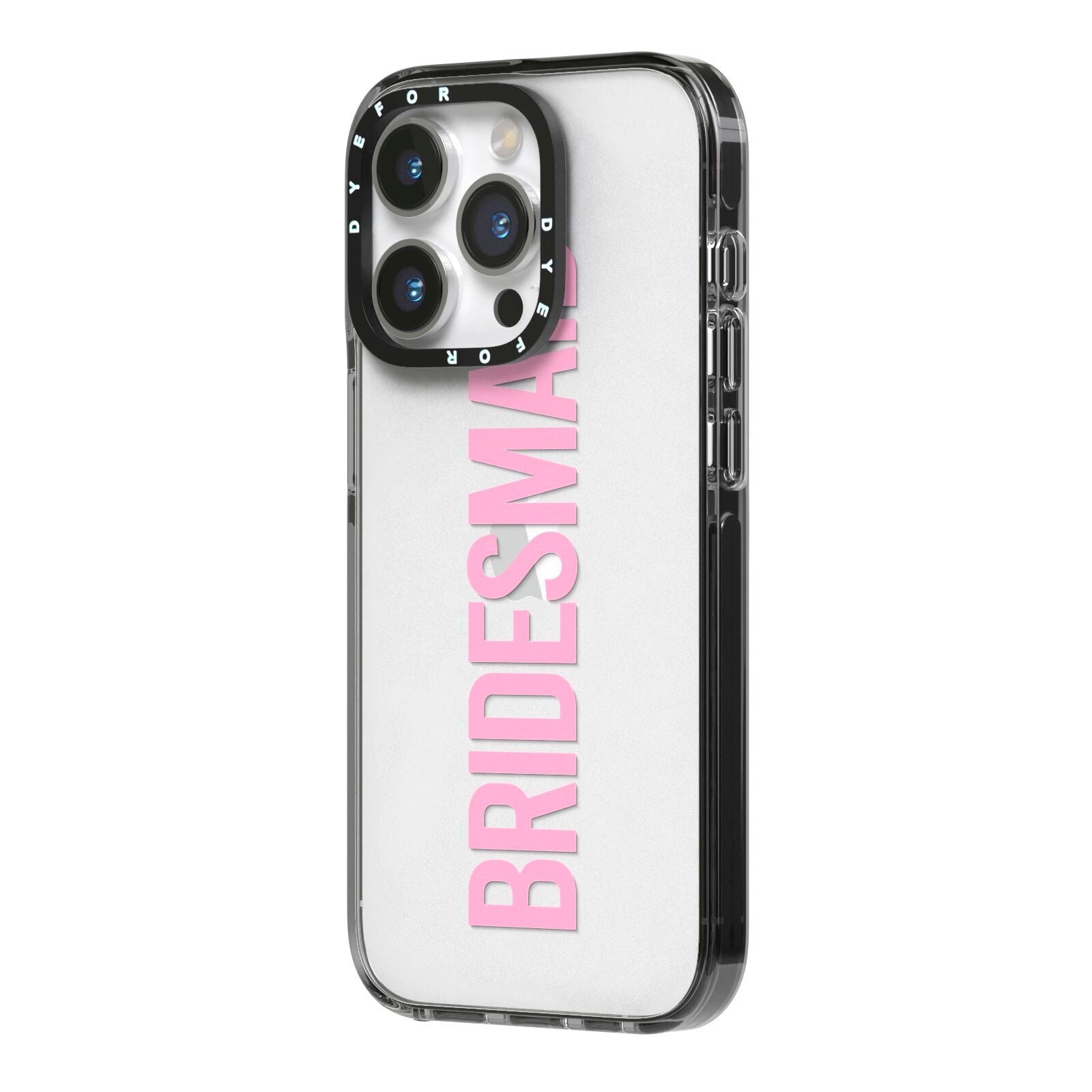 Bridesmaid iPhone 14 Pro Black Impact Case Side Angle on Silver phone