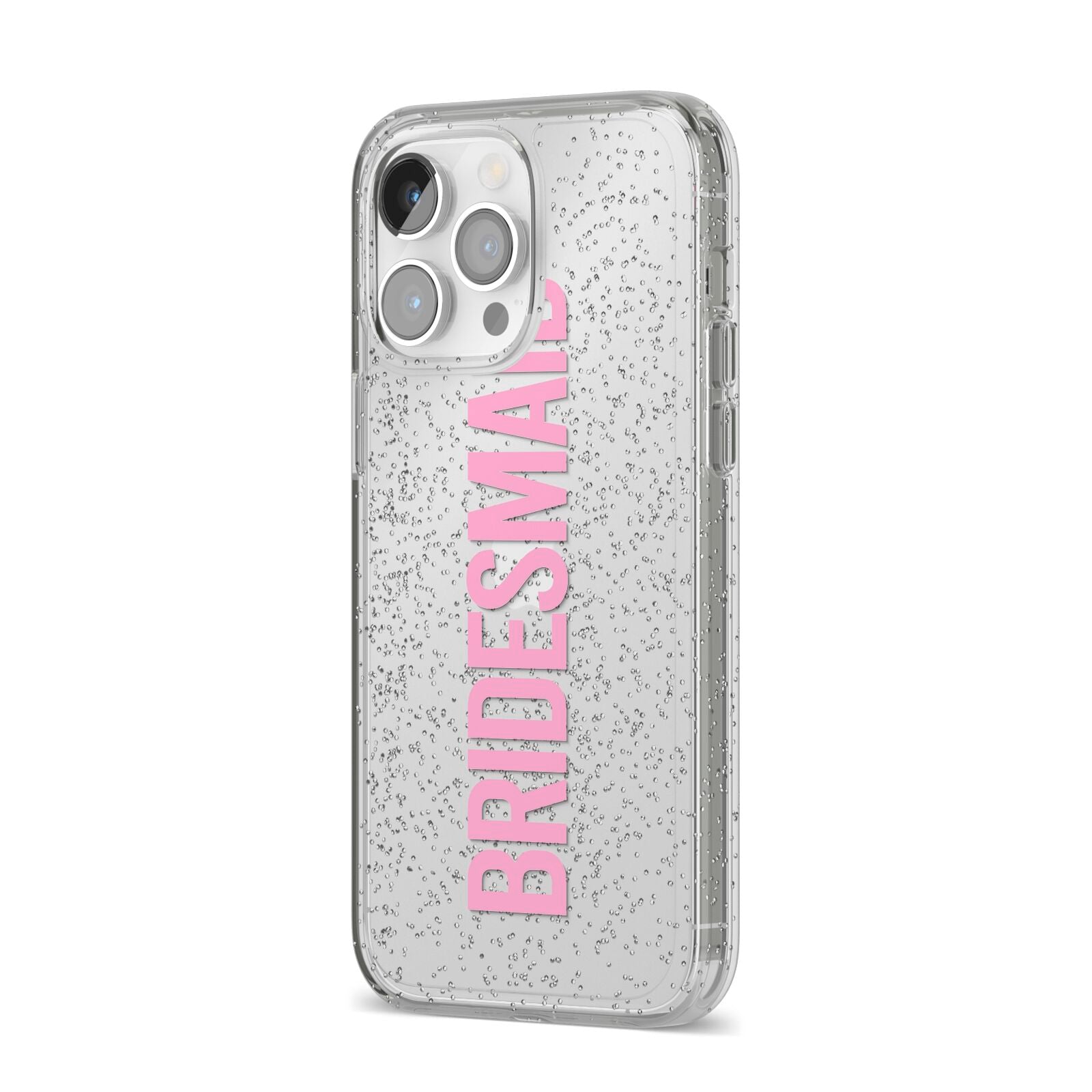 Bridesmaid iPhone 14 Pro Max Glitter Tough Case Silver Angled Image