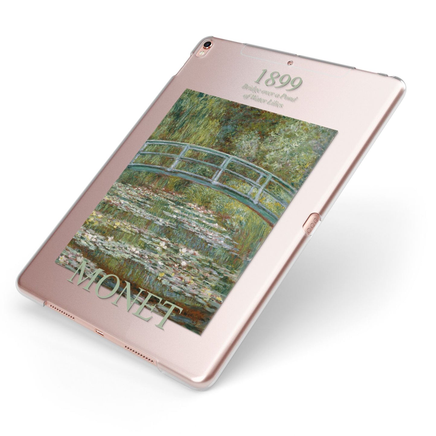 Bridge Over A Pond Of Water Lilies By Monet Apple iPad Case on Rose Gold iPad Side View