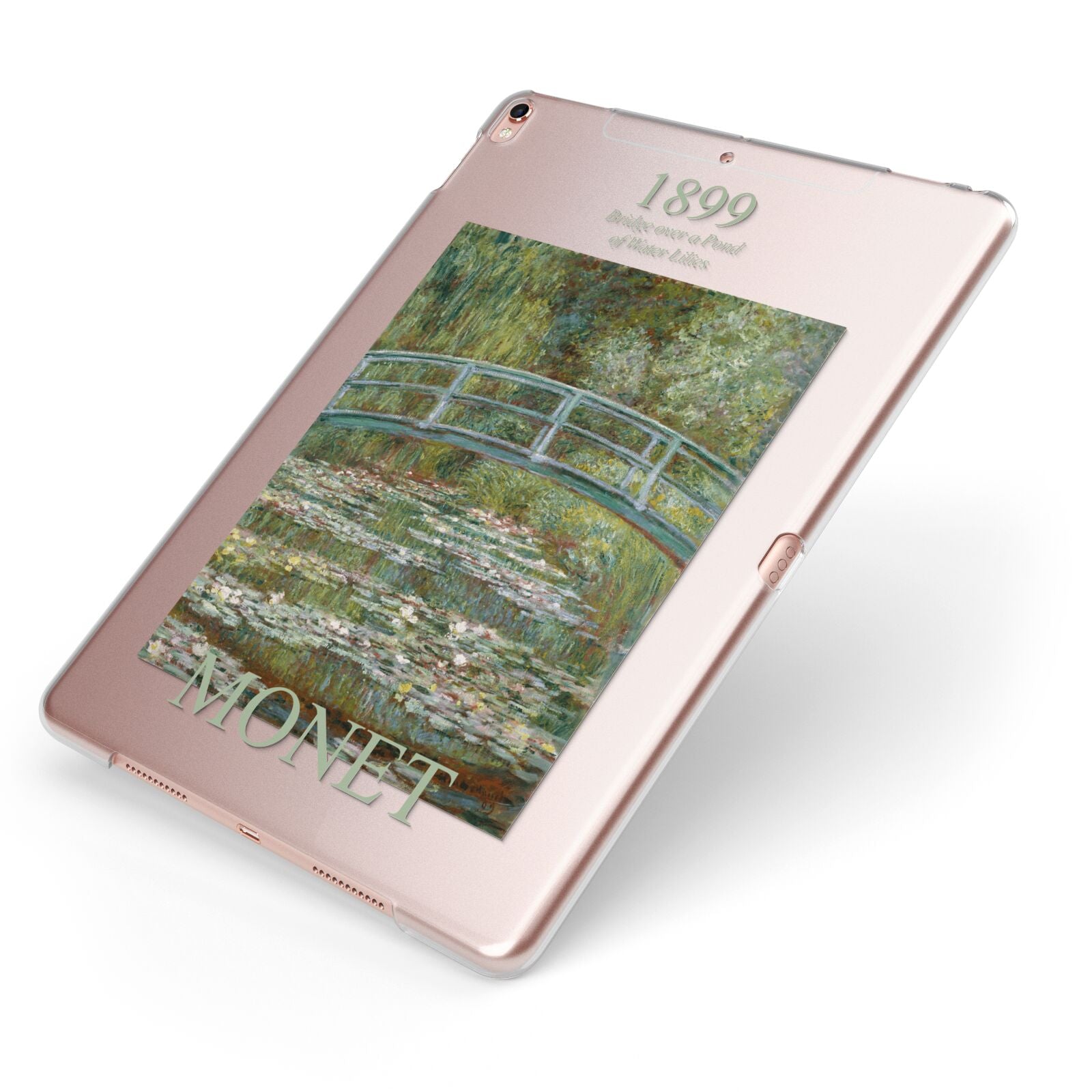 Bridge Over A Pond Of Water Lilies By Monet Apple iPad Case on Rose Gold iPad Side View