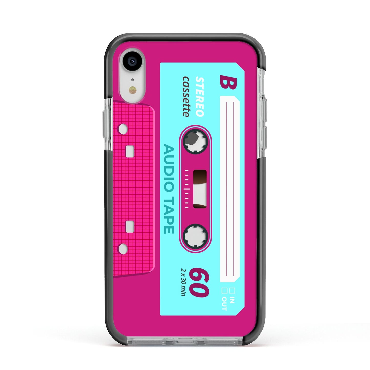 Bright Pink Cassette Tape Apple iPhone XR Impact Case Black Edge on Silver Phone