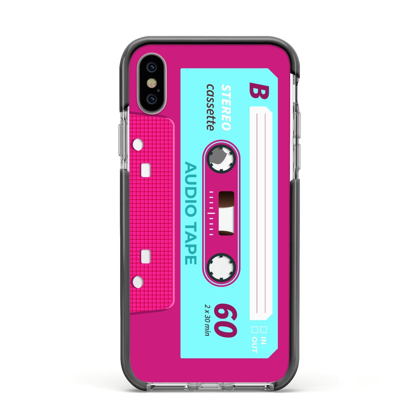 Bright Pink Cassette Tape Apple iPhone Xs Impact Case Black Edge on Silver Phone