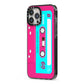 Bright Pink Cassette Tape iPhone 13 Pro Max Black Impact Case Side Angle on Silver phone
