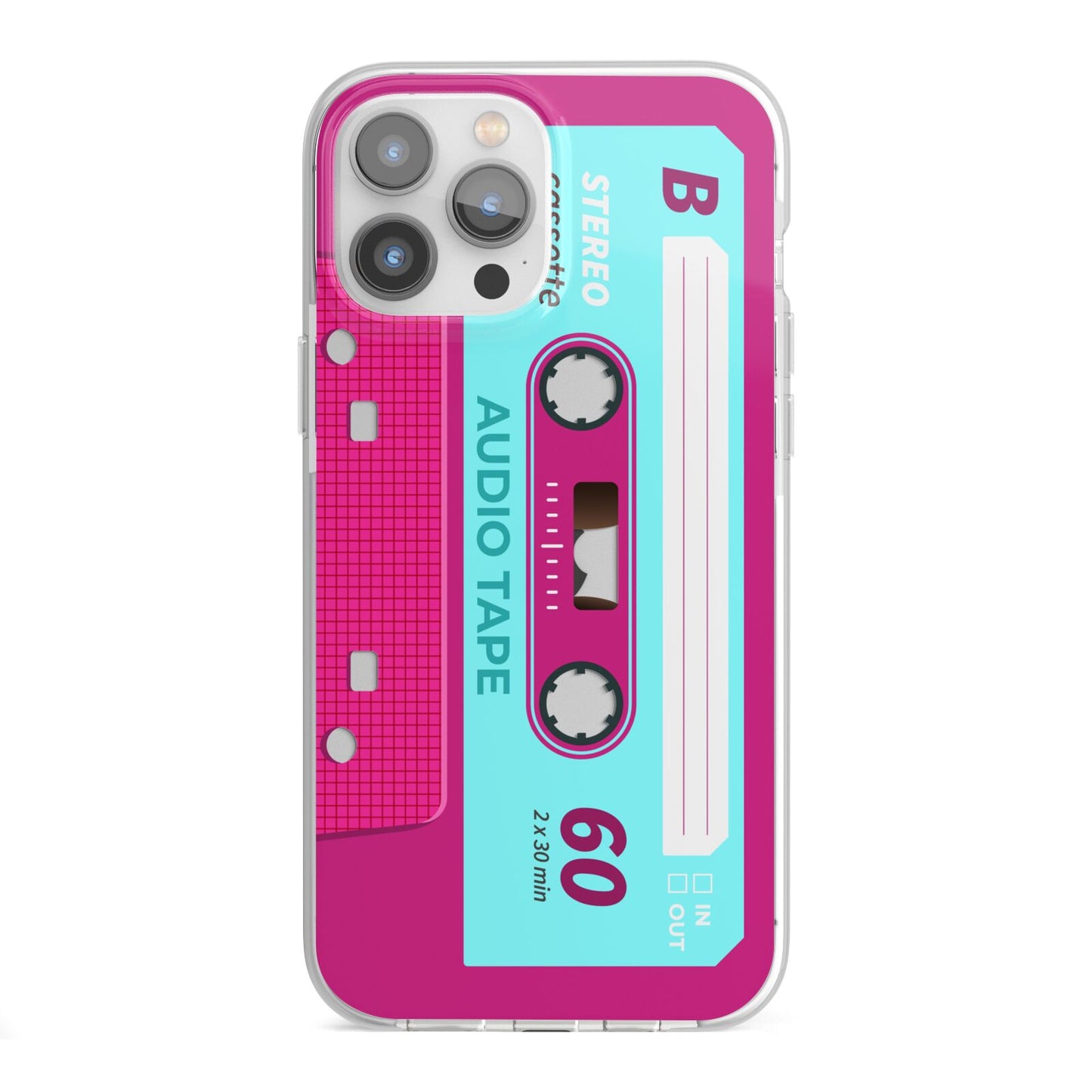 Bright Pink Cassette Tape iPhone 13 Pro Max TPU Impact Case with White Edges