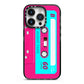 Bright Pink Cassette Tape iPhone 14 Pro Black Impact Case on Silver phone