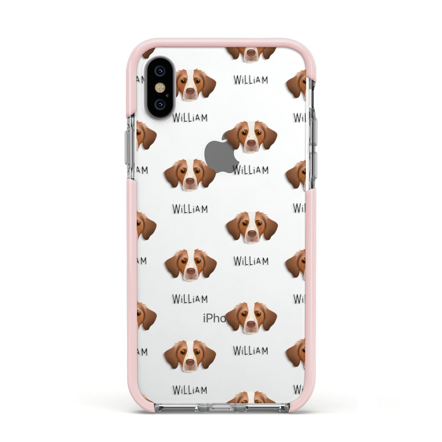 Brittany Icon with Name Apple iPhone Xs Impact Case Pink Edge on Silver Phone