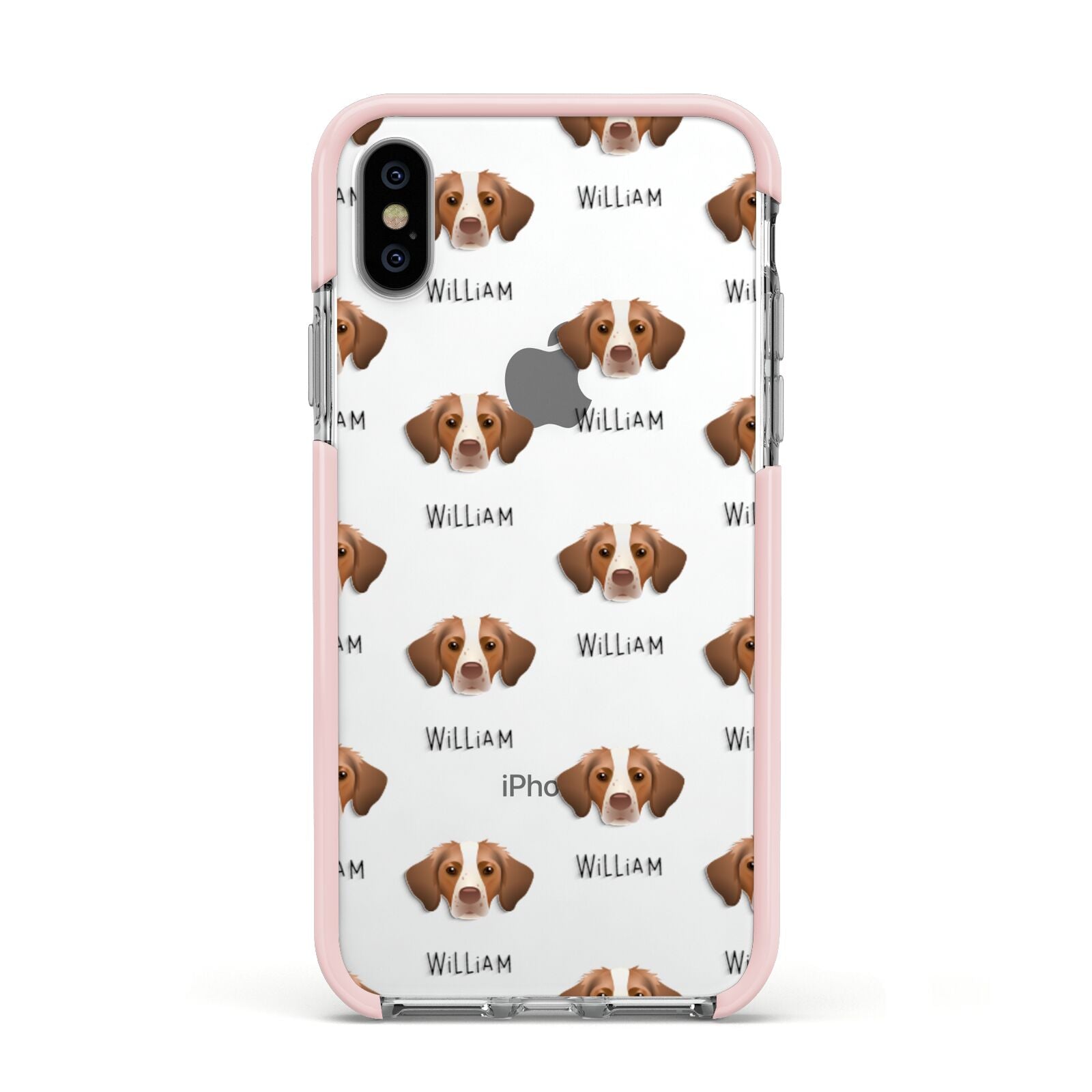Brittany Icon with Name Apple iPhone Xs Impact Case Pink Edge on Silver Phone