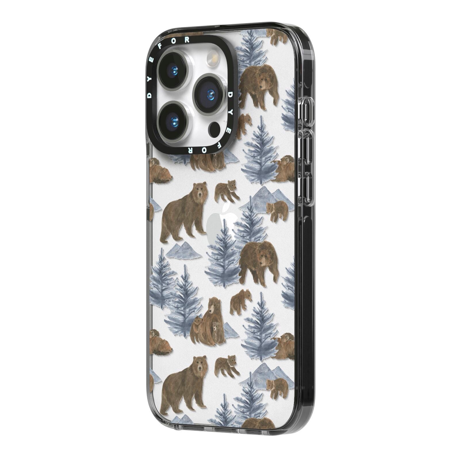 Brown Bear iPhone 14 Pro Black Impact Case Side Angle on Silver phone