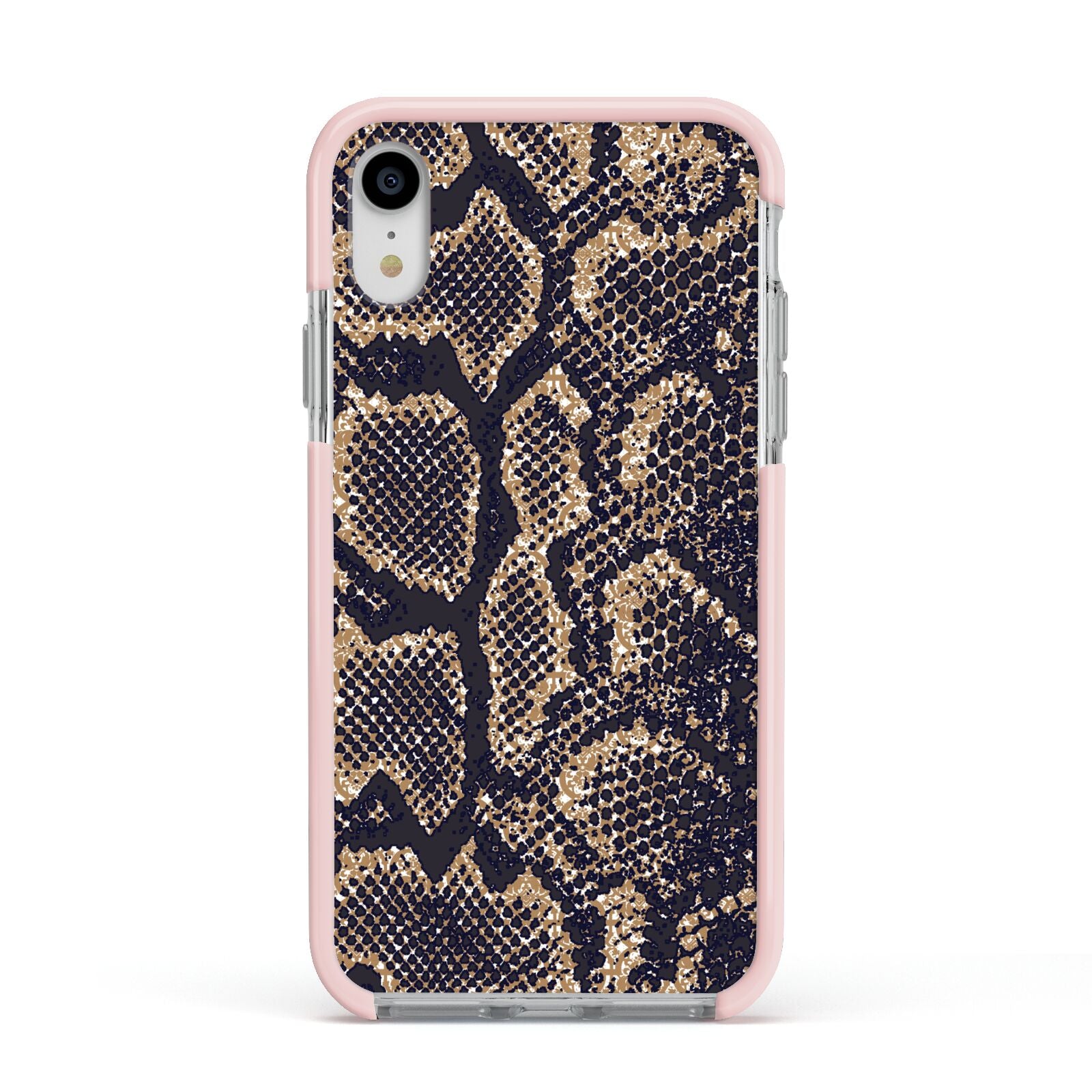 Brown Snakeskin Apple iPhone XR Impact Case Pink Edge on Silver Phone