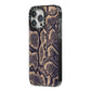 Brown Snakeskin iPhone 14 Pro Max Black Impact Case Side Angle on Silver phone