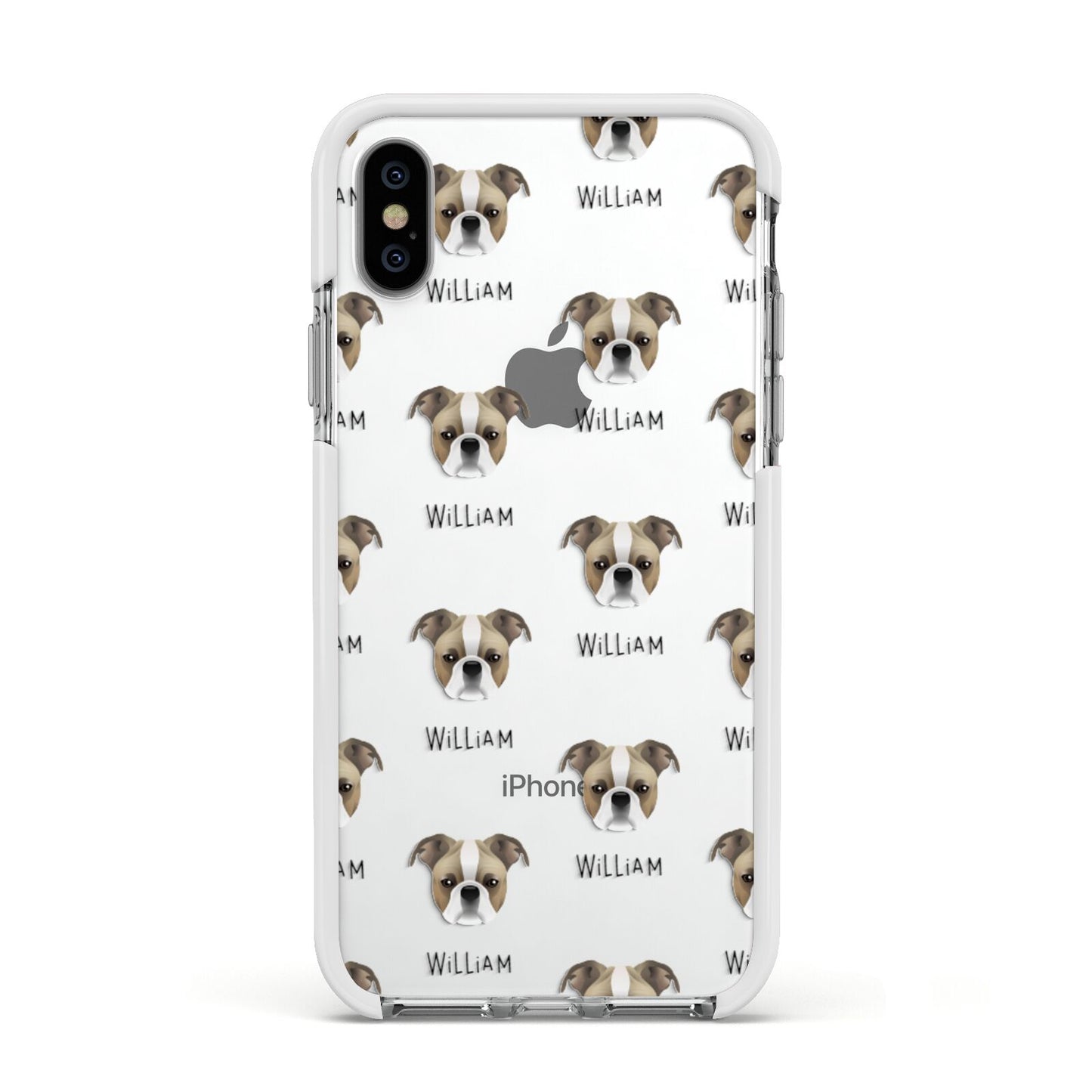 Bugg Icon with Name Apple iPhone Xs Impact Case White Edge on Silver Phone