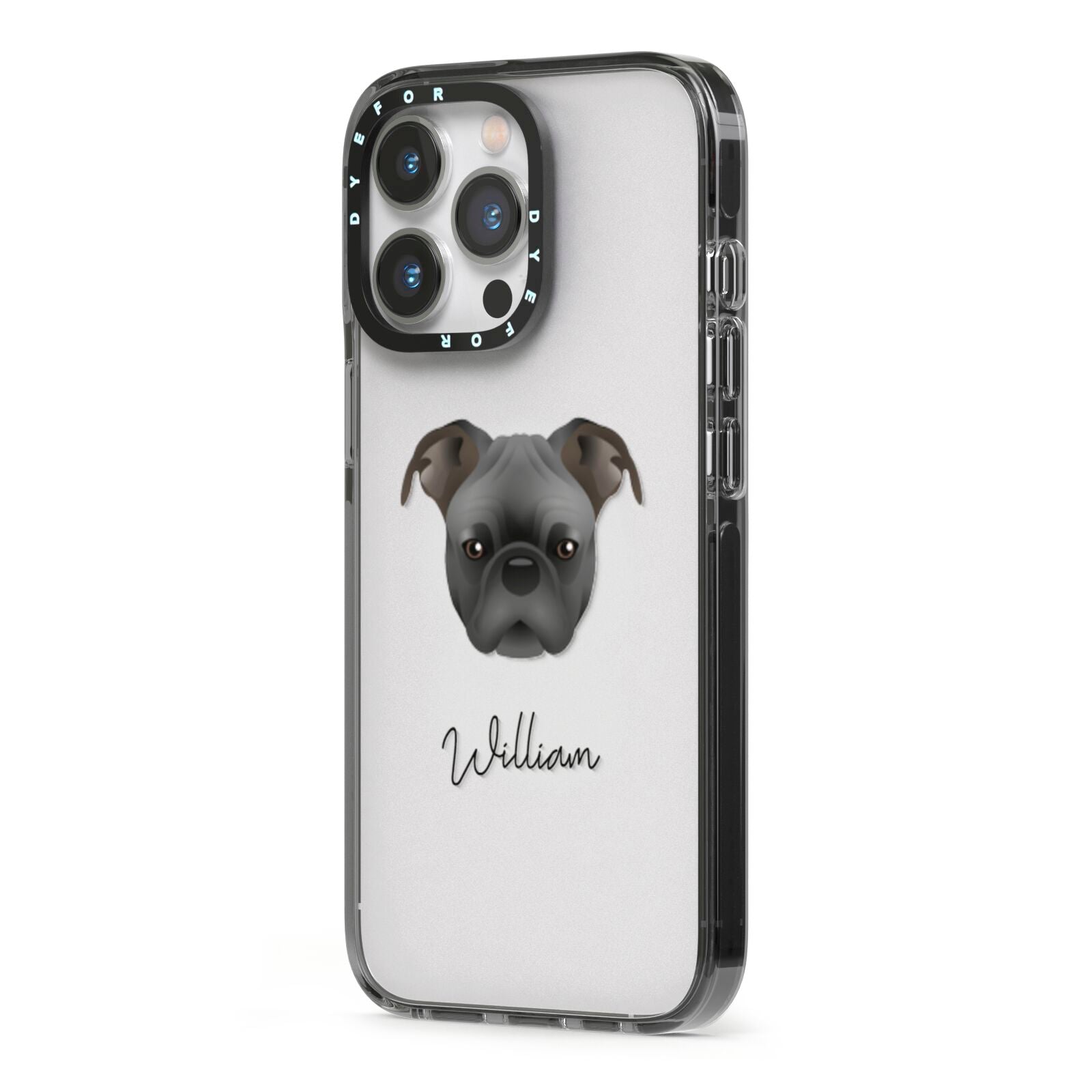 Bugg Personalised iPhone 13 Pro Black Impact Case Side Angle on Silver phone