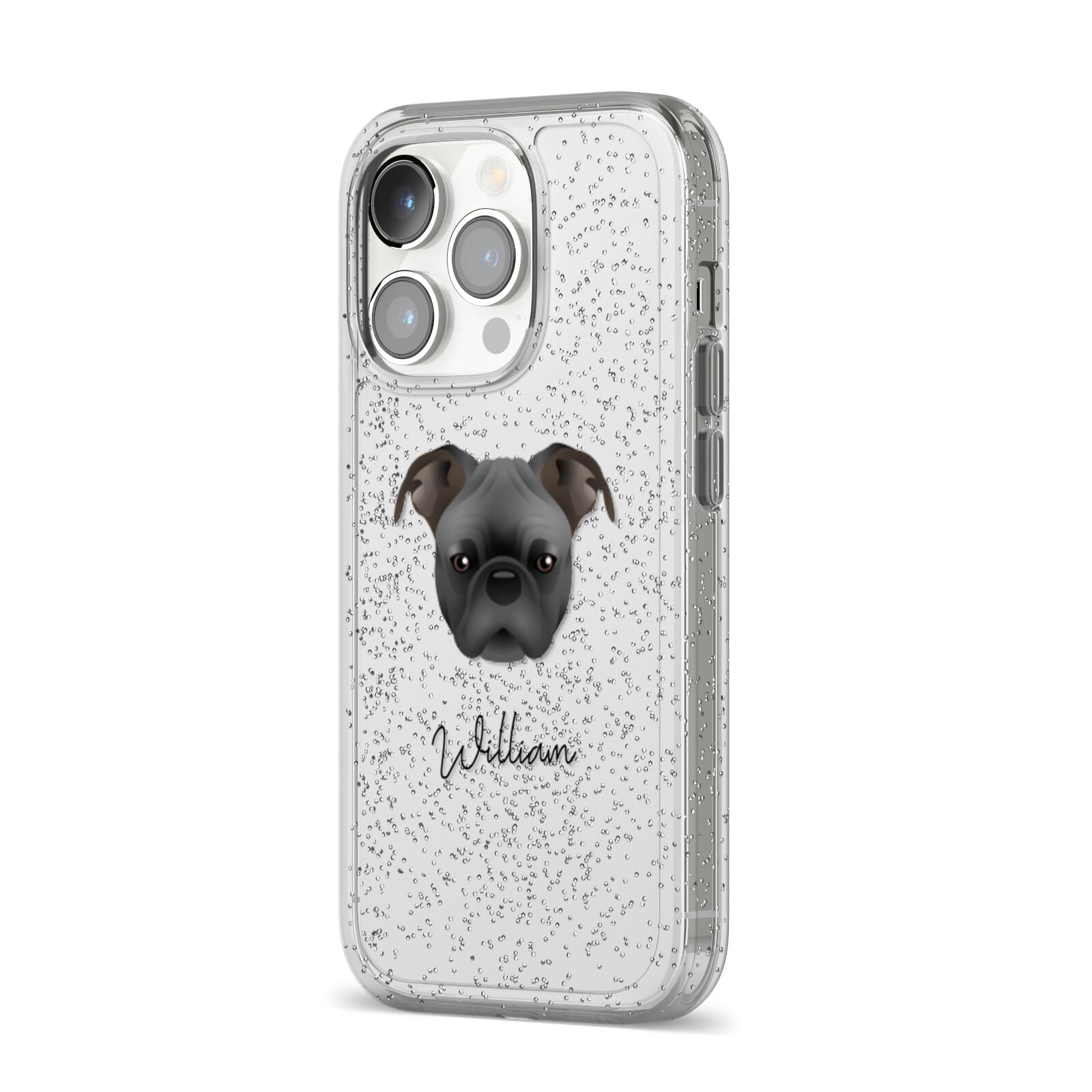 Bugg Personalised iPhone 14 Pro Glitter Tough Case Silver Angled Image