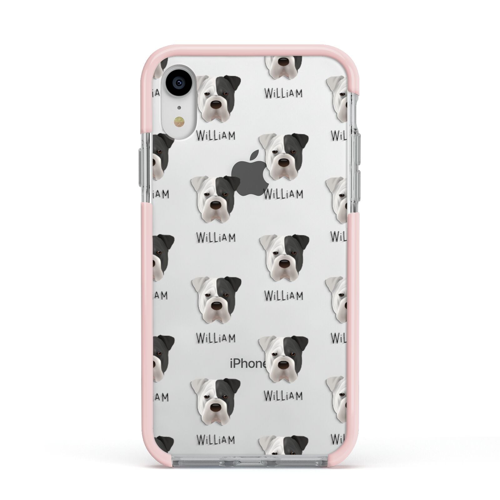 Bull Pei Icon with Name Apple iPhone XR Impact Case Pink Edge on Silver Phone