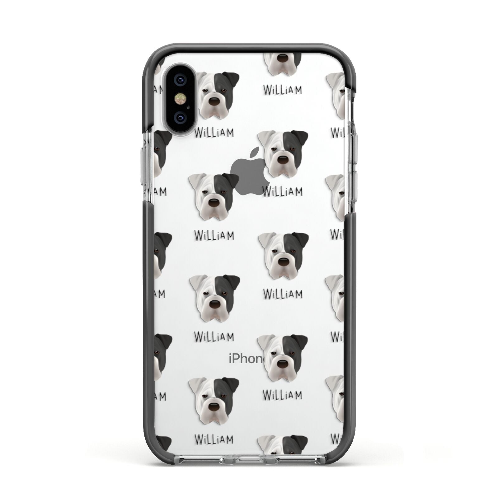 Bull Pei Icon with Name Apple iPhone Xs Impact Case Black Edge on Silver Phone