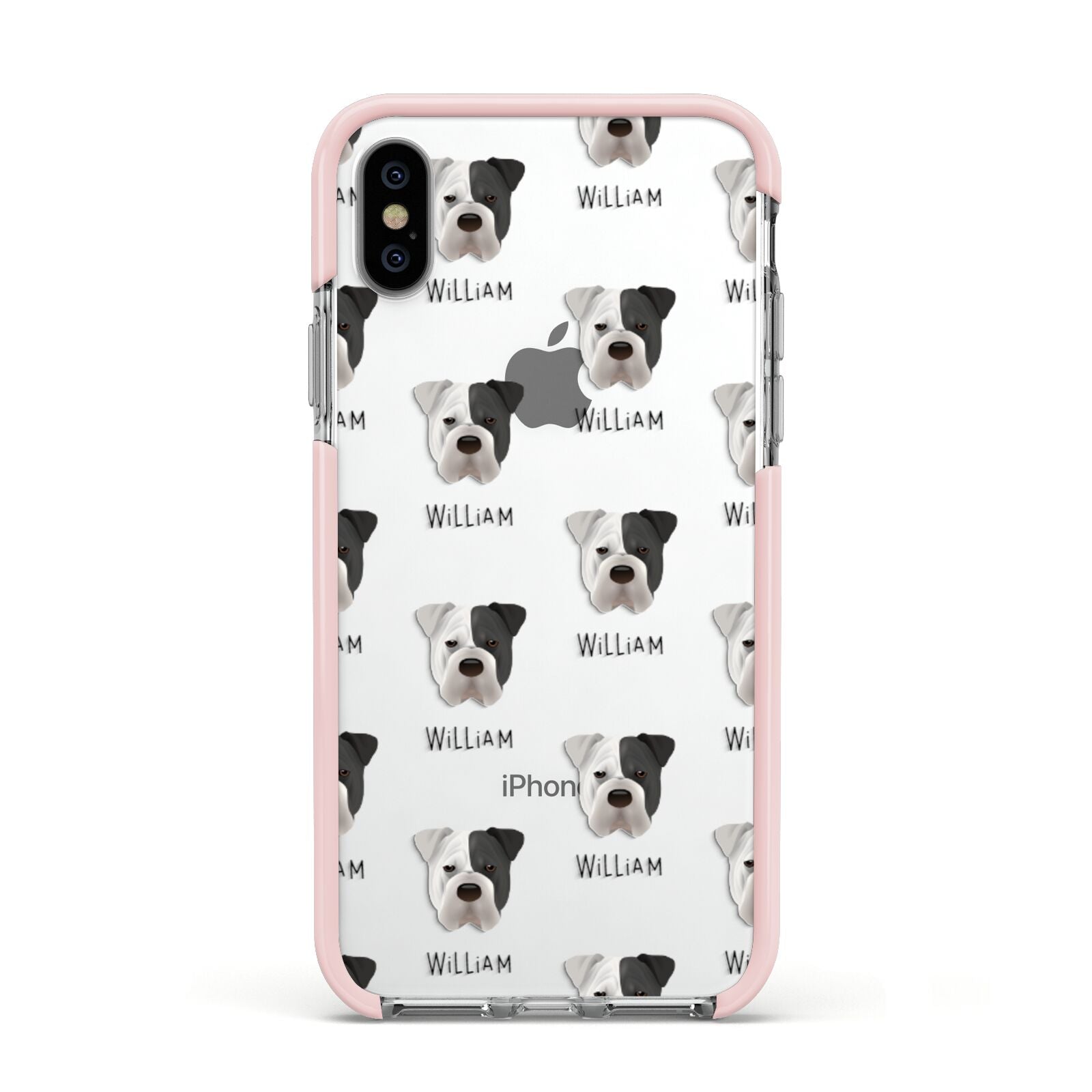 Bull Pei Icon with Name Apple iPhone Xs Impact Case Pink Edge on Silver Phone