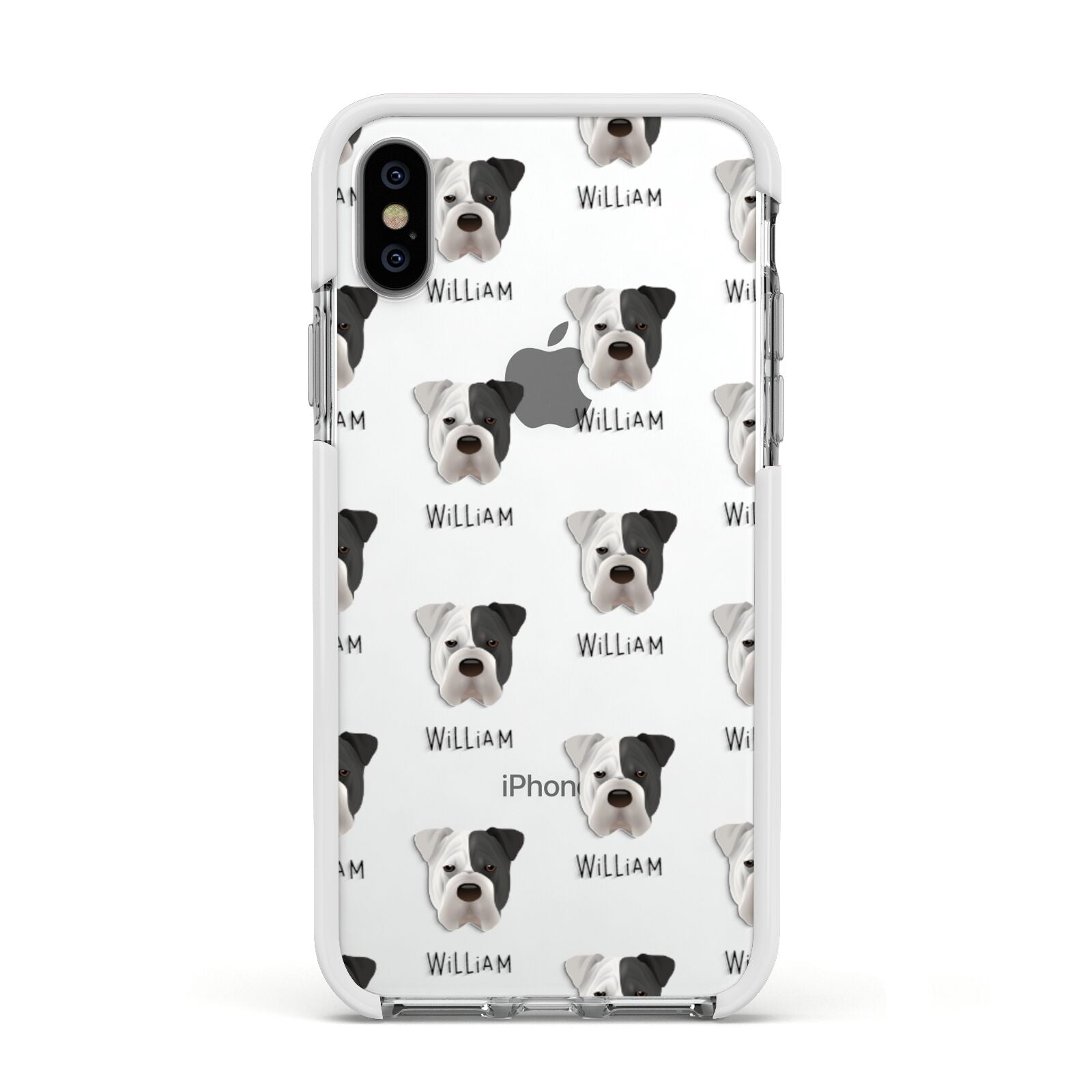 Bull Pei Icon with Name Apple iPhone Xs Impact Case White Edge on Silver Phone