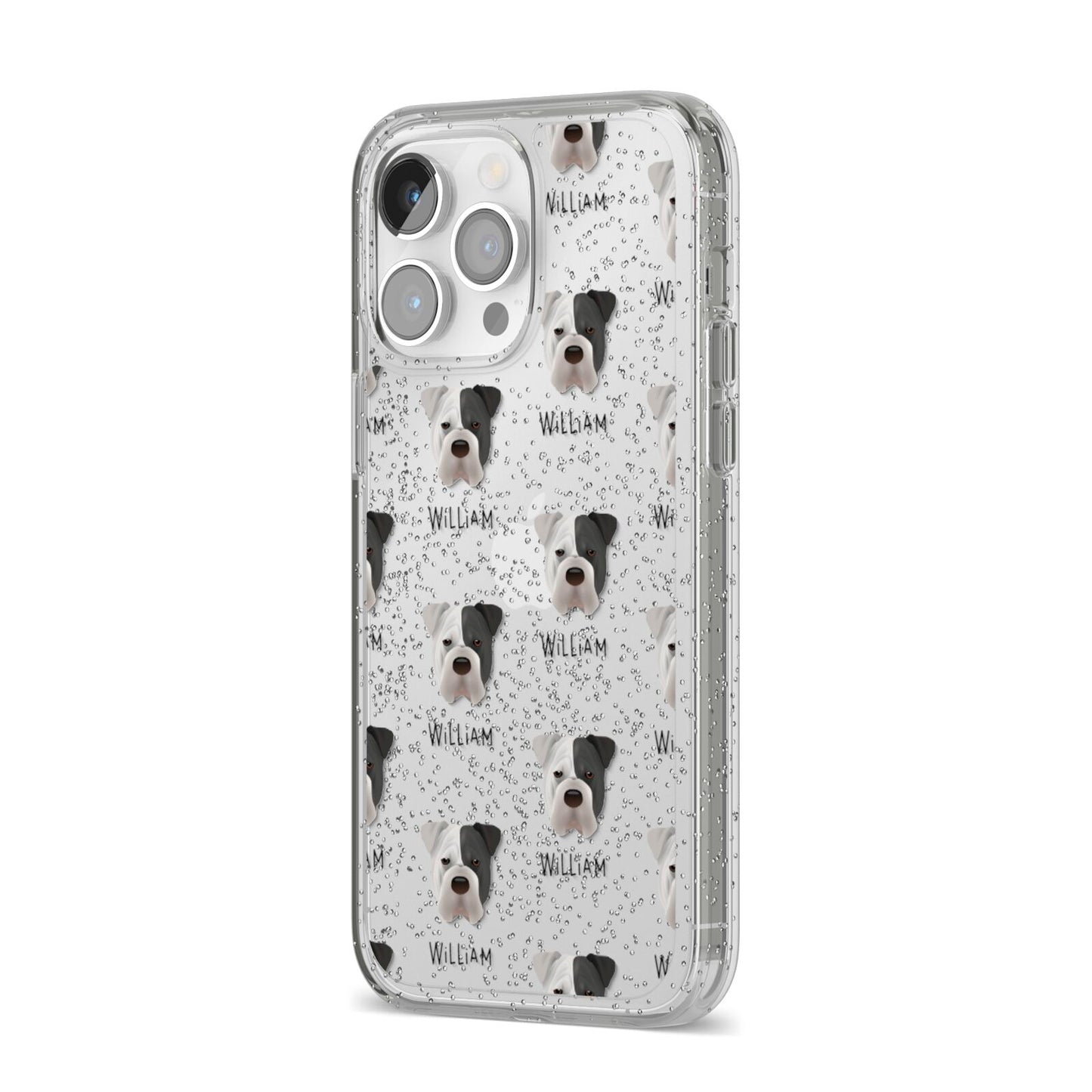 Bull Pei Icon with Name iPhone 14 Pro Max Glitter Tough Case Silver Angled Image