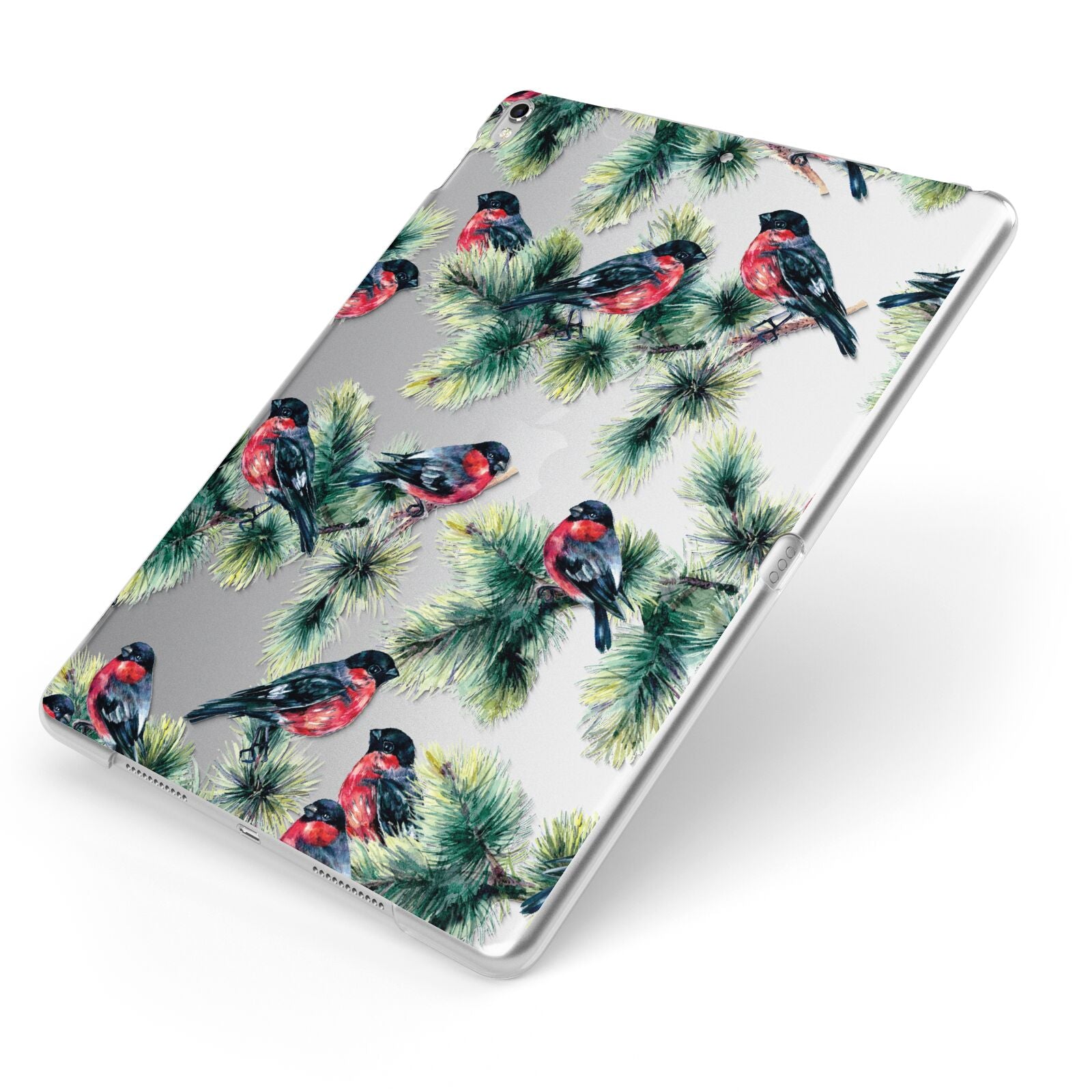 Bullfinch Pine Tree Apple iPad Case on Silver iPad Side View