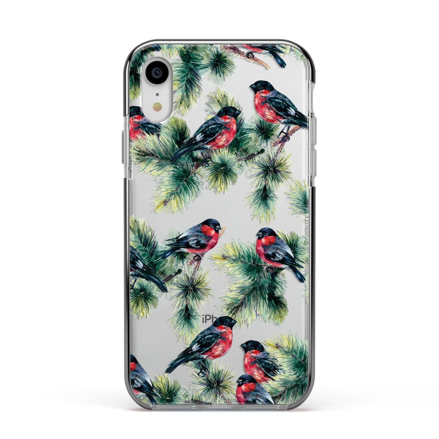 Bullfinch Pine Tree Apple iPhone XR Impact Case Black Edge on Silver Phone