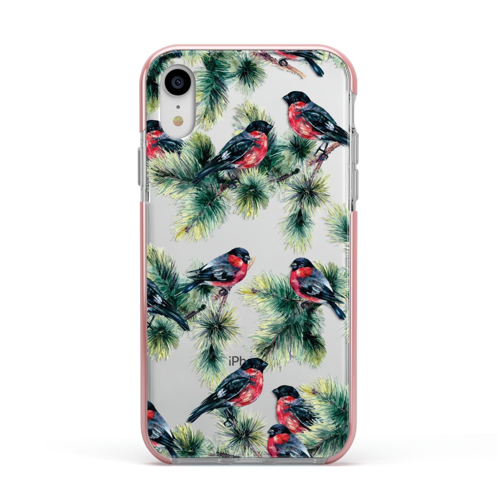 Bullfinch Pine Tree Apple iPhone XR Impact Case Pink Edge on Silver Phone