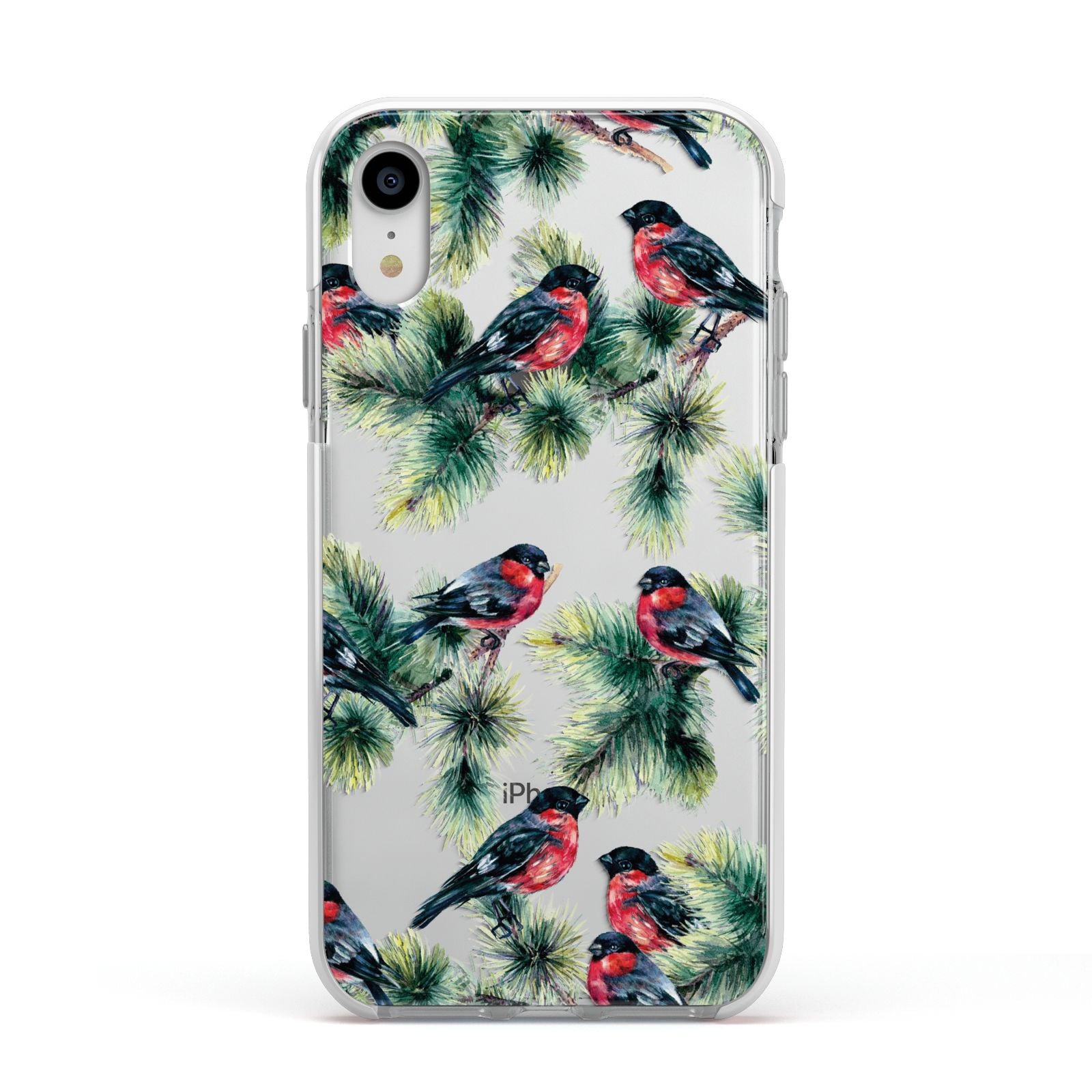 Bullfinch Pine Tree Apple iPhone XR Impact Case White Edge on Silver Phone