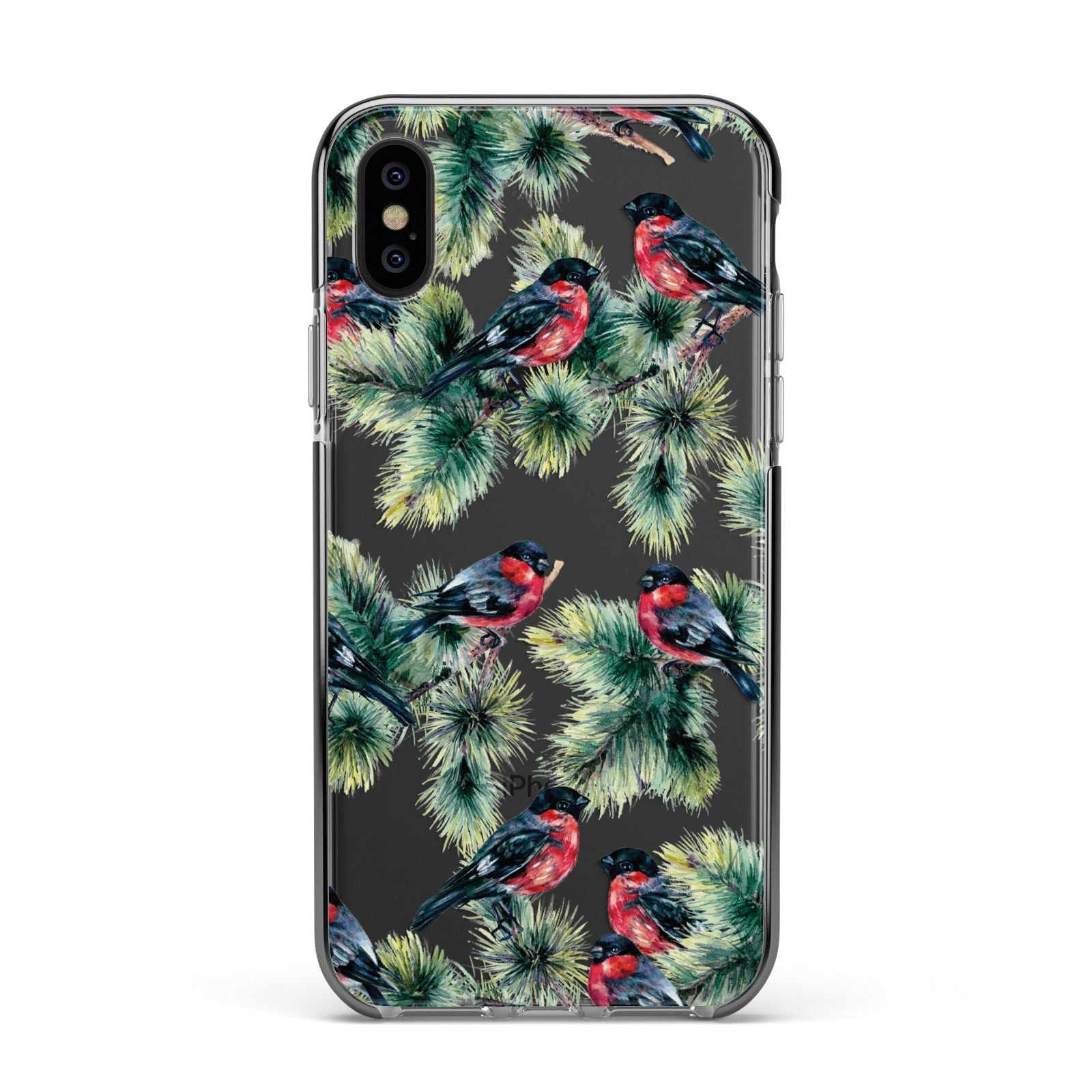 Bullfinch Pine Tree Apple iPhone Xs Impact Case Black Edge on Black Phone