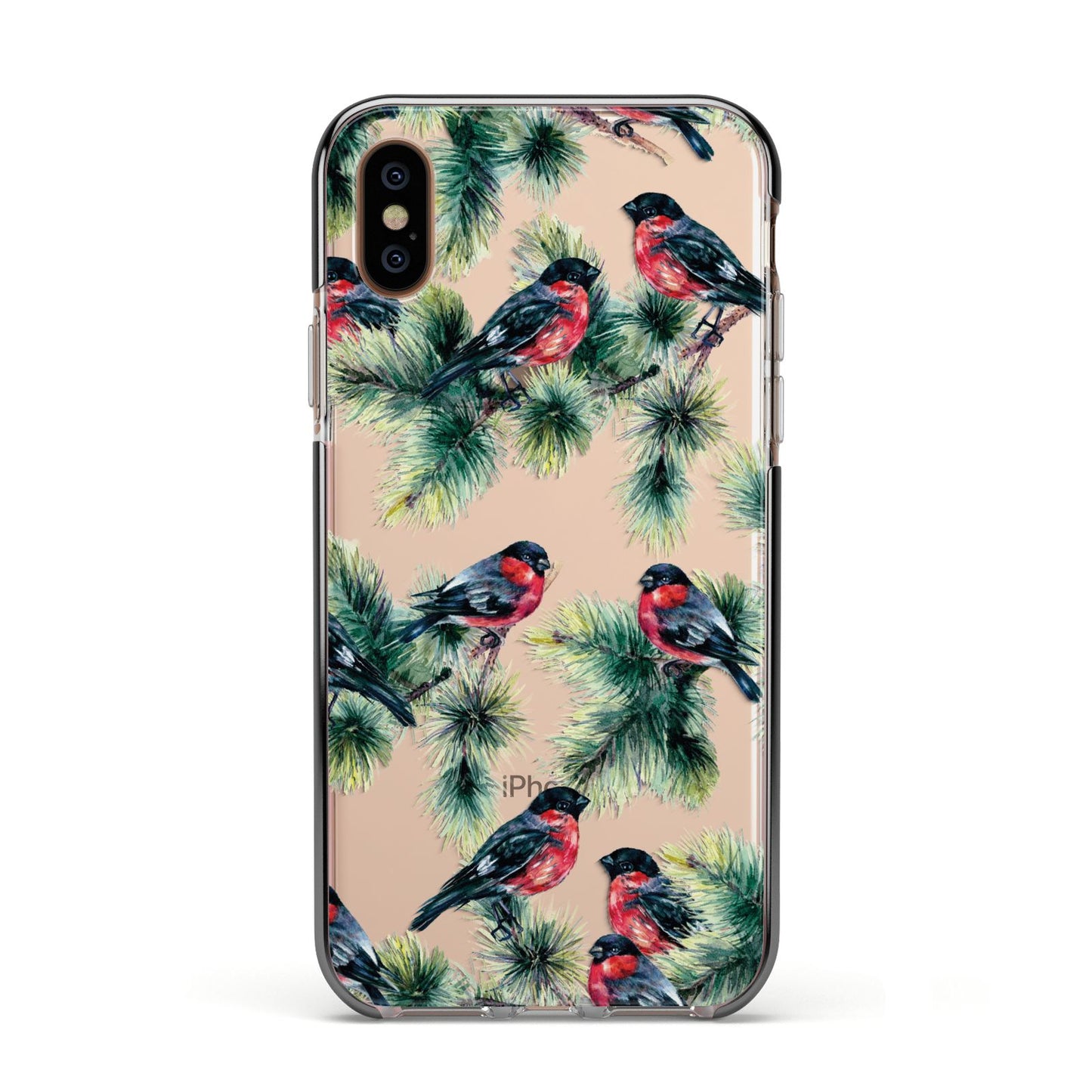 Bullfinch Pine Tree Apple iPhone Xs Impact Case Black Edge on Gold Phone