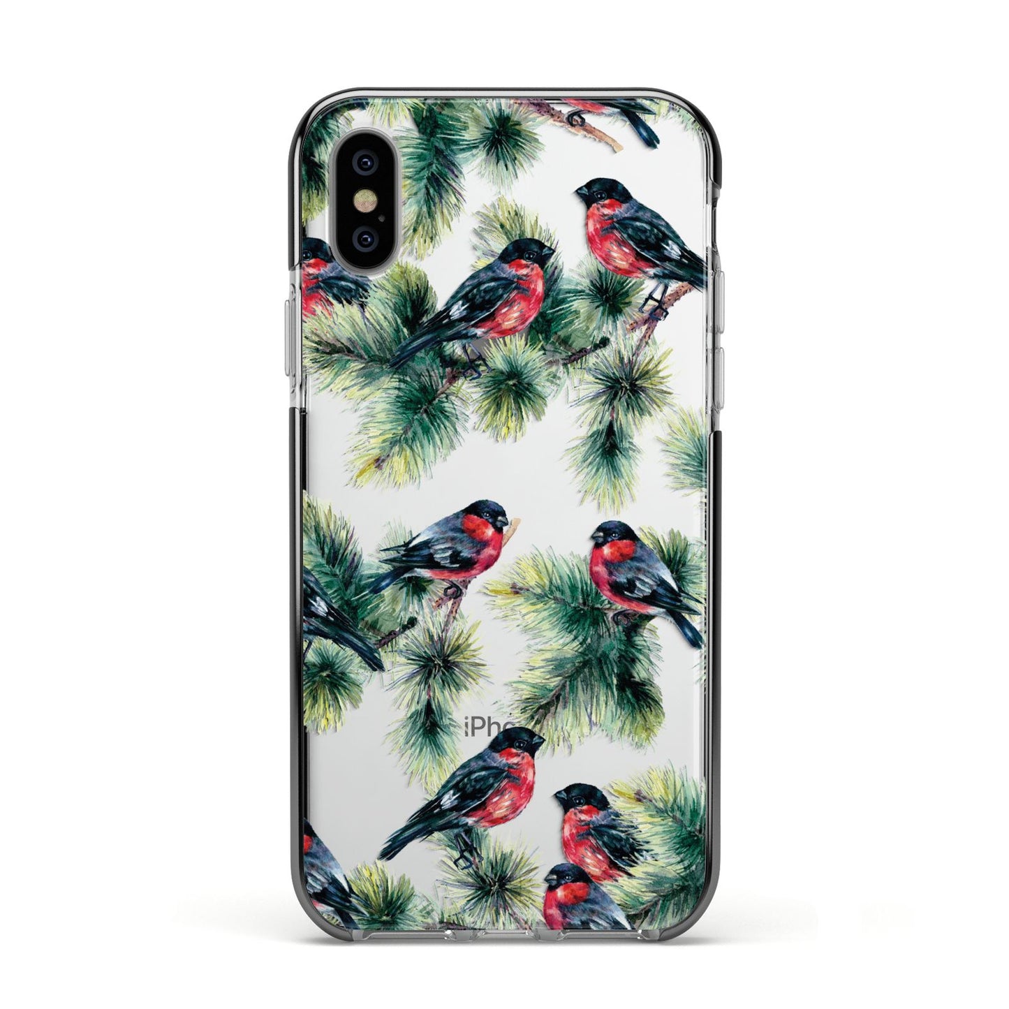 Bullfinch Pine Tree Apple iPhone Xs Impact Case Black Edge on Silver Phone